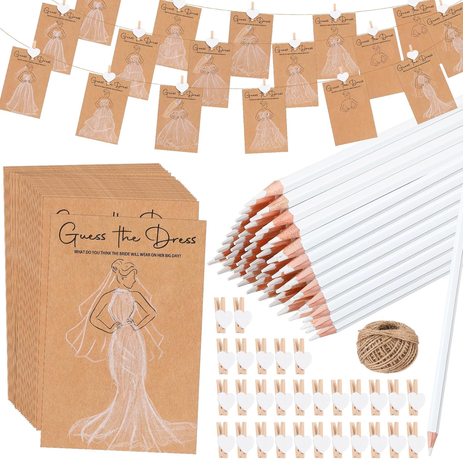 50 Sets Guess the Dress Bridal Shower Games for Guests Wedding Shower Games Cards Water Soluble Pencils with Fun Heart Wooden Clip and 1 String Rope Wedding Party Supplies Games Ideas