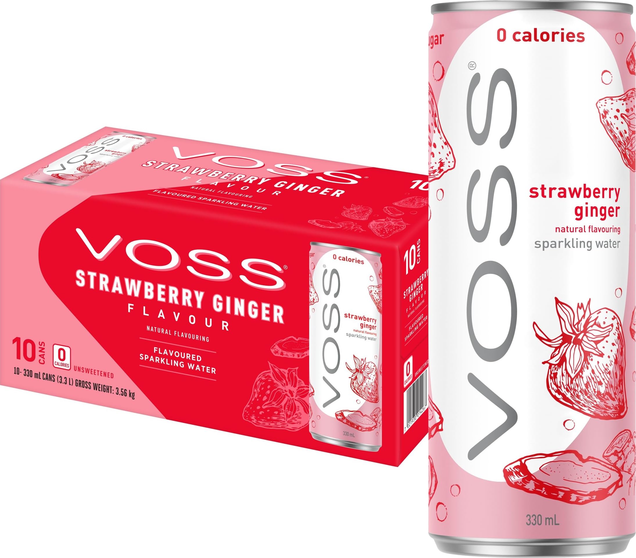 VOSS Flavoured Sparkling Water | Zero Sugar Drink | Zero Calorie | Naturally Sourced Water | 10x 330ml Multipack (Strawberry Ginger)