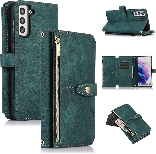 ZCDAYE Wallet Case for Samsung Galaxy S22, Samsung S22 Wallet Phone Case, Premium Zipper (with Wristlet) Flip Leather Phone Case for Samsung S22 - Green