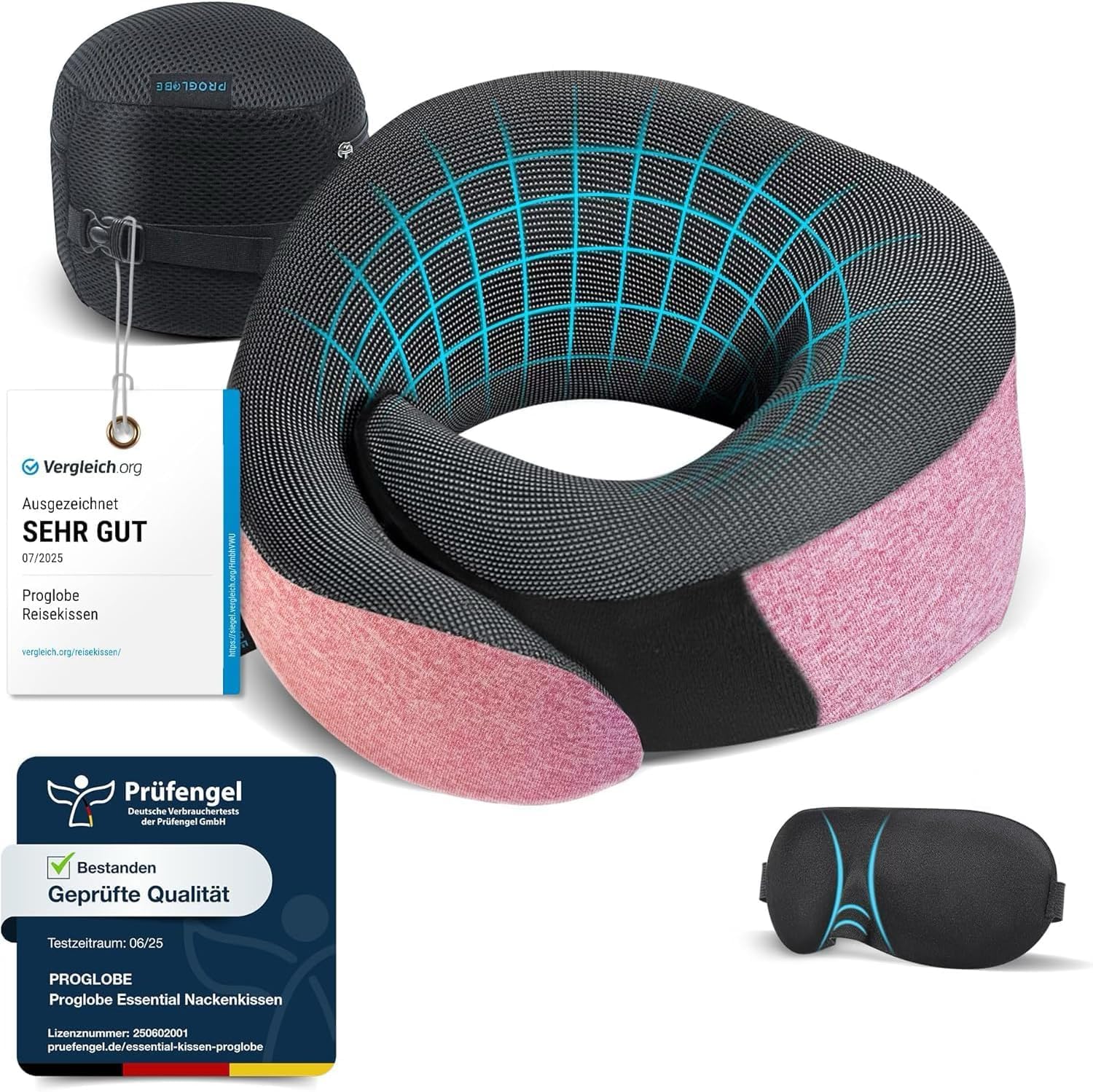 Proglobe Rosa Nackenkissen Flugzeug, Reisekissen 100% Memory Foam, Orthopädisches Nackenhörnchen, Für Reisen mit Flugzeug, Auto, Zug, Mit 3D-Schlafmaske, Hochwertige Netztasche