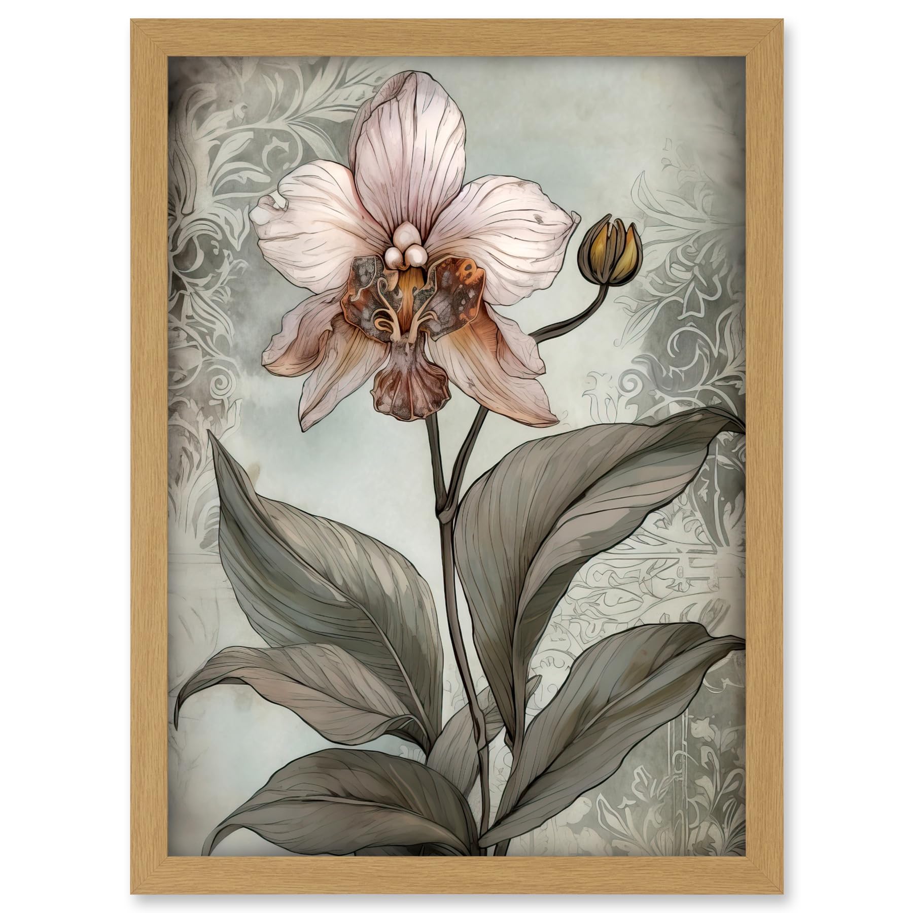 Artery8 Art Nouveau Pink Orchid Bloom Flower Watercolour Artwork Framed A3 Wall Art Print