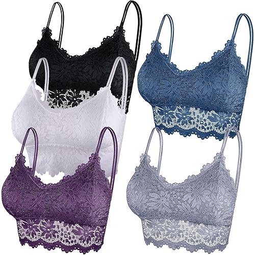 Duufin 5 Pcs Lace Bralettes for Women Bralette Padded Lace Bandeau Bra