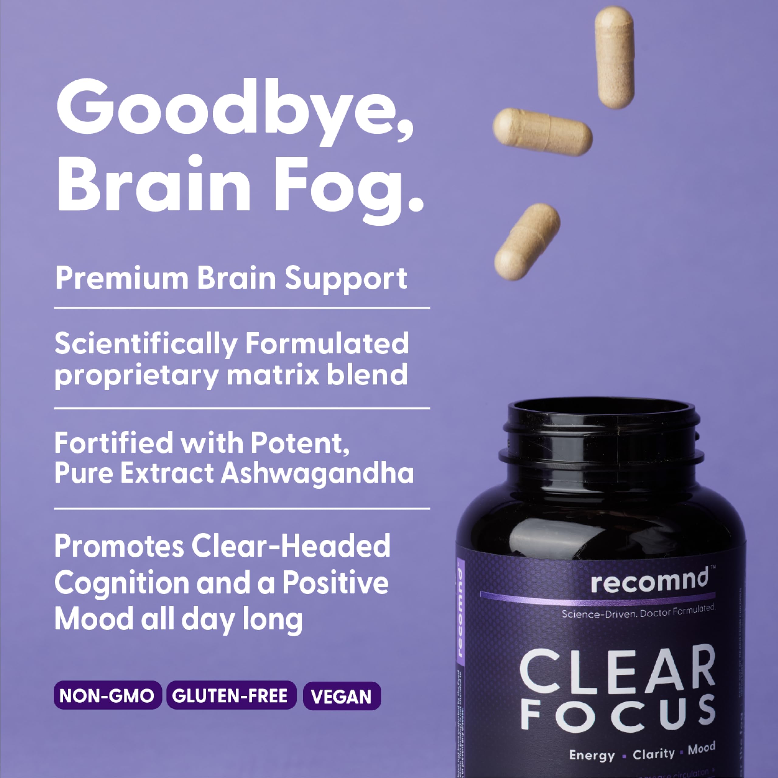recomnd Nutrition - Clear Focus, Brain Supplements for Memory and Focus Support, Memory Supplements with Ashwaghanda, Lions Mane, Ginkgo Biloba, and More, 120 Capsules