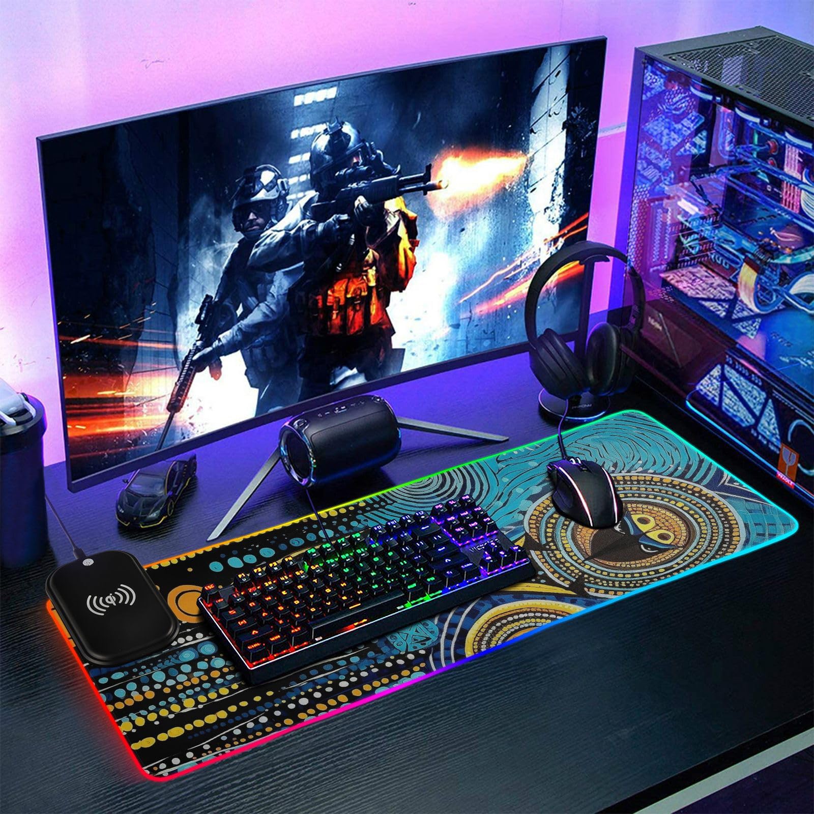 Blu e Giallo Modello Astratto Ricarica Wireless Incandescente personalizzato animale pad tastiera e tappetino animale tappetino per mouse gaming cool gameing 31,5x11,8 pollici
