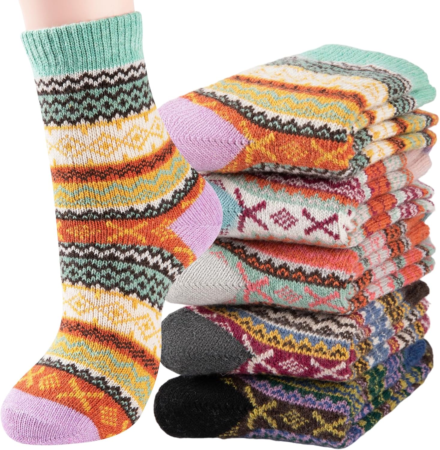 Wool Socks for Womens Warm Thermal Winter Thick Cozy Cabin Crew Knit Vintage Socks Gifts 5 Pairs
