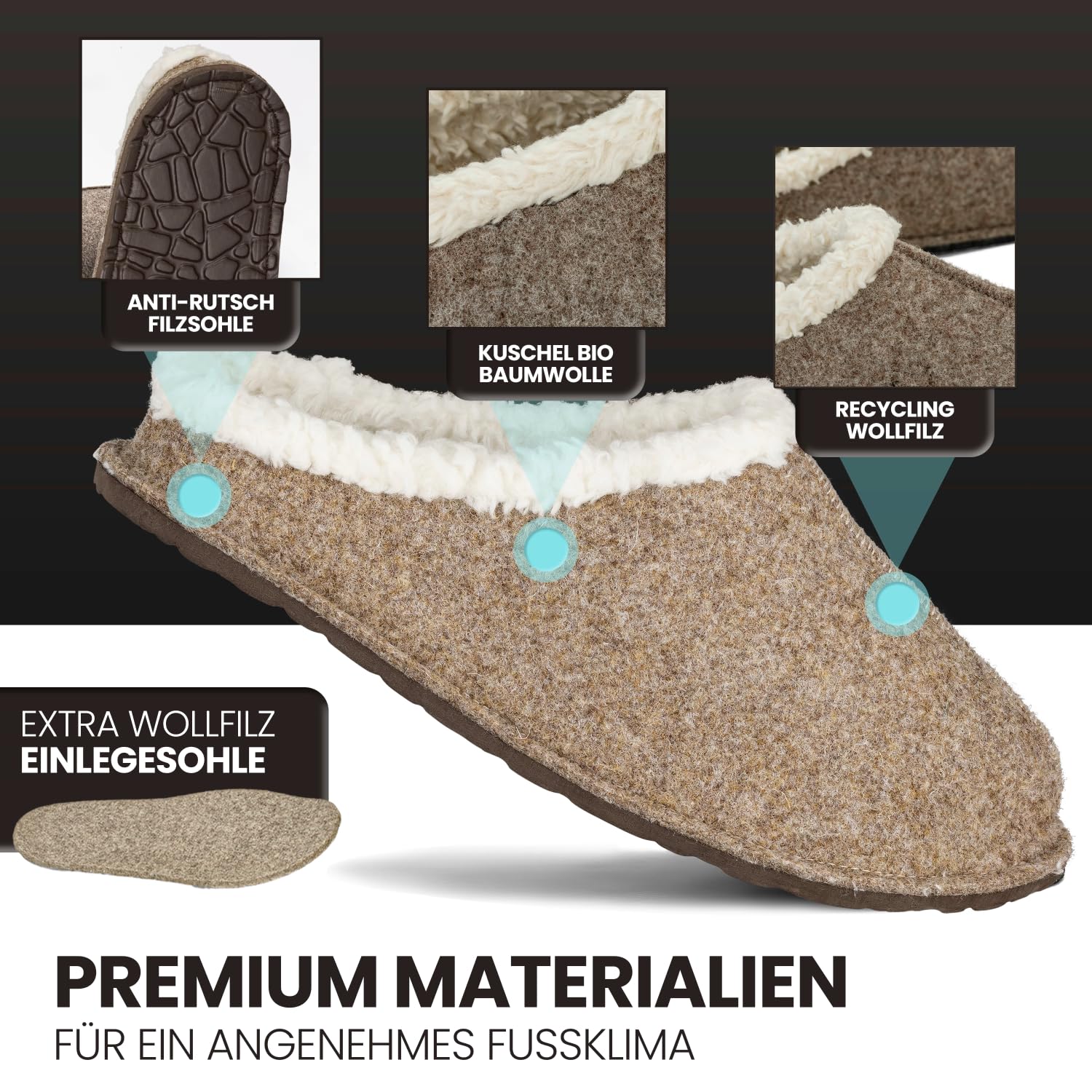 Wollfilz Kuschel Filzpantoffeln Damen - Made in Germany - Plüsch Hausschuhe Filzhausschuhe für Damen & Herren mit Bio Baumwolle inklusive Einlegesohle und rutschhemmender Außensohle