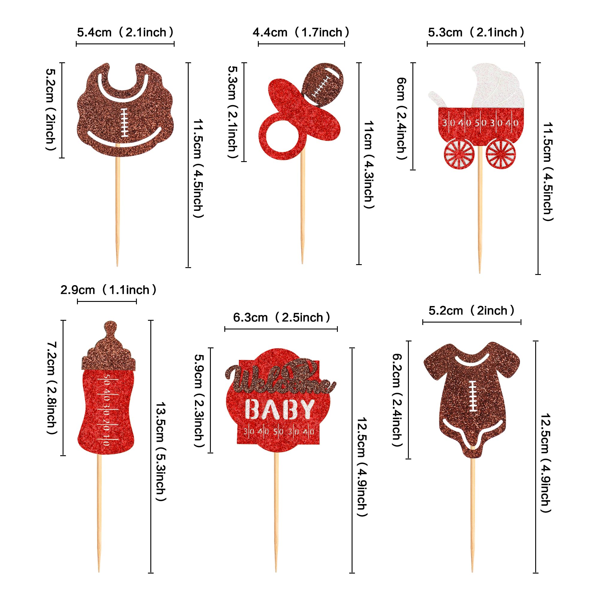 Ercadio 24 Pack Rugby Welcome Cupcake Toppers Red Glitter Football Cupcake Picks First Down Baby Feed Bottle Suit Cake Toppers for Rugby Theme Baby Shower Birthday Party Supplies