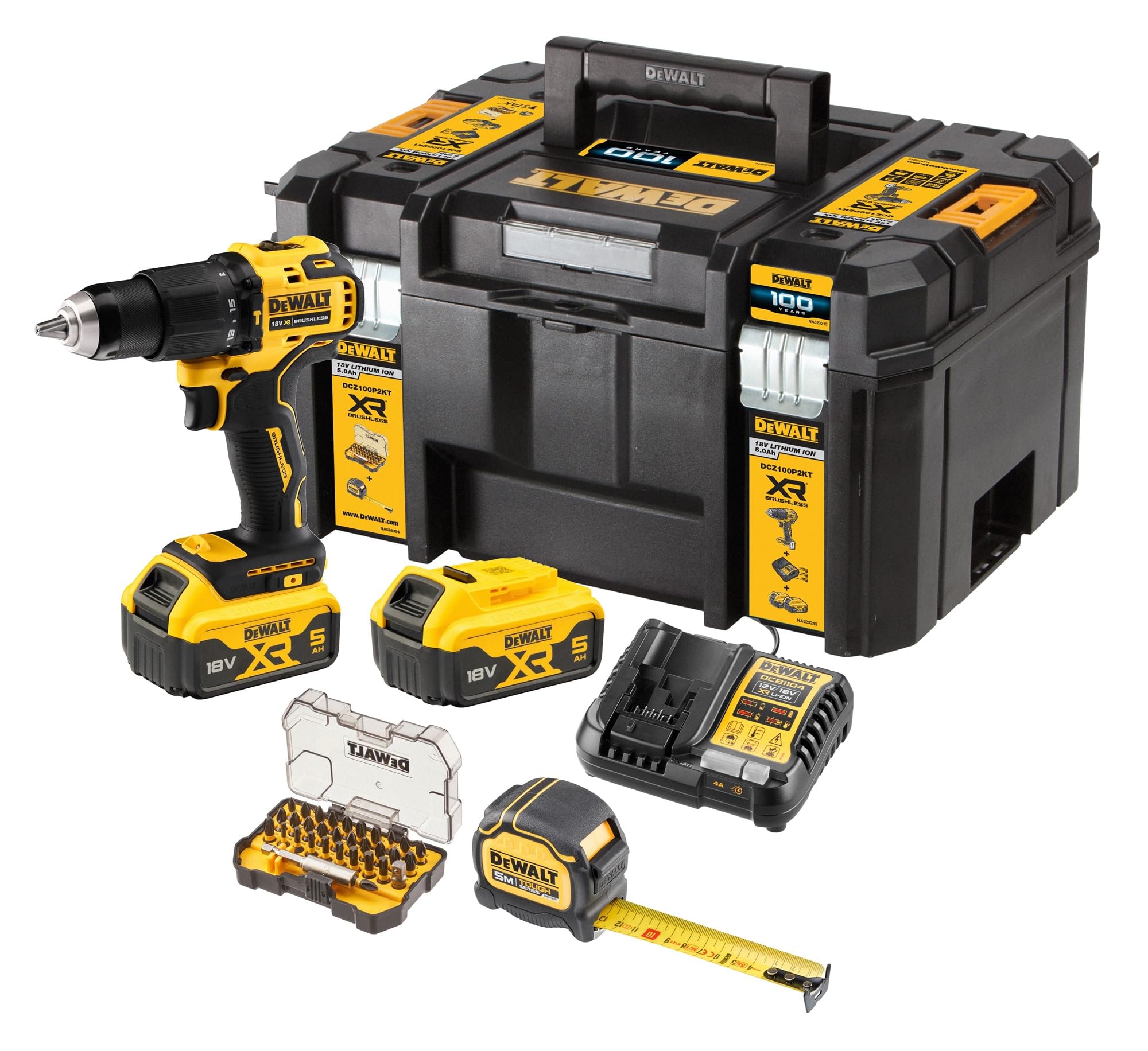 Taladro percutor y atornillador DEWALT XR 18V - 2 baterías 5.0Ah - Cargador - Cinta métrica 5m - Maletín atornillador