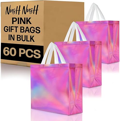 Nush Nush Bolsas de regalo grandes de color rosa iridiscente a granel, juego de 60 bolsas de regalo holográficas rosas con asas, para pequeñas