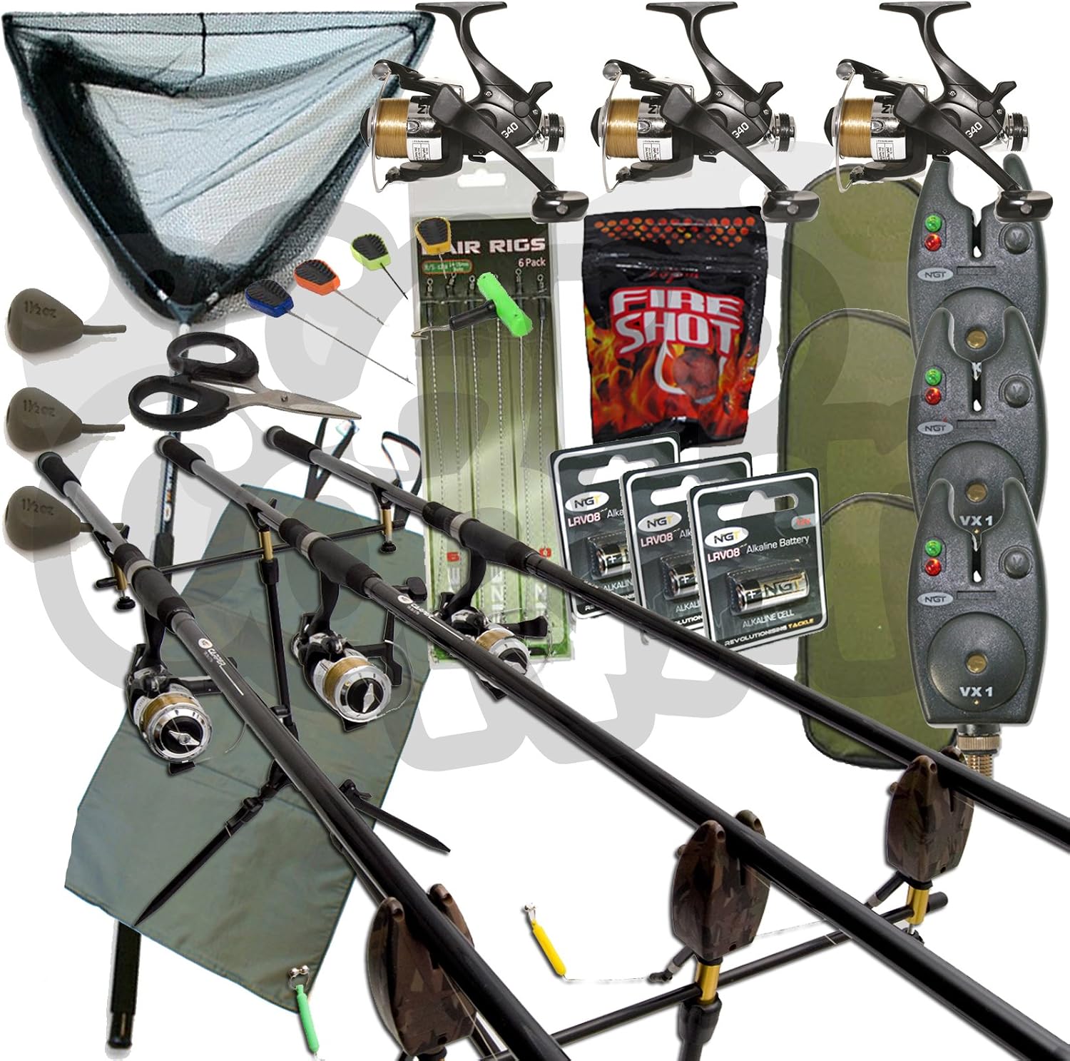 Full Carp Fishing Set Up Complete With 3x 12ft Carp Rods with 2x 2BB ...