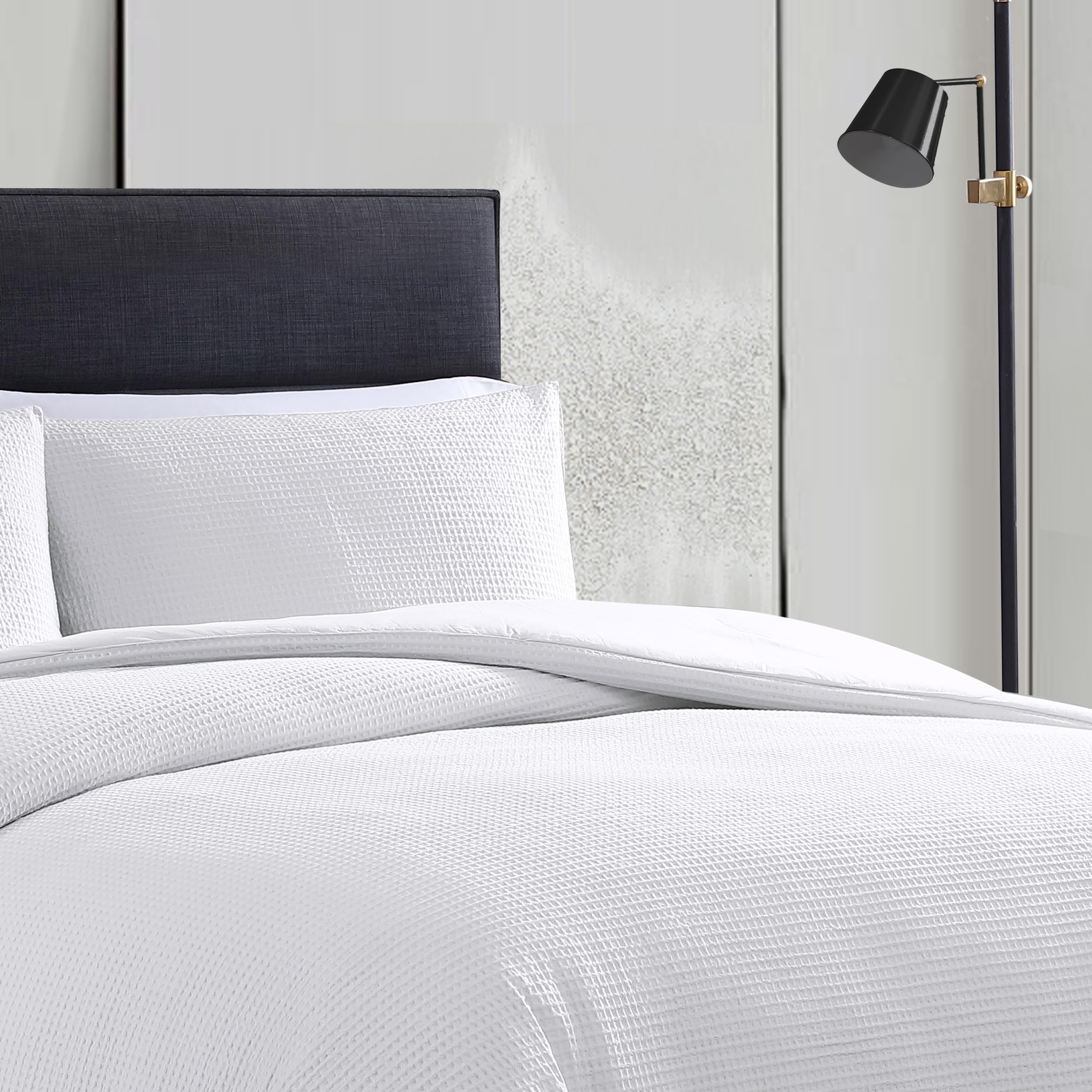 Vera Wang - Juego de Funda de edredón King, Ropa de Cama de algodón de Lujo con Cierre de botón, Incluye Fundas a Juego (Blanco piqué gofre, King)