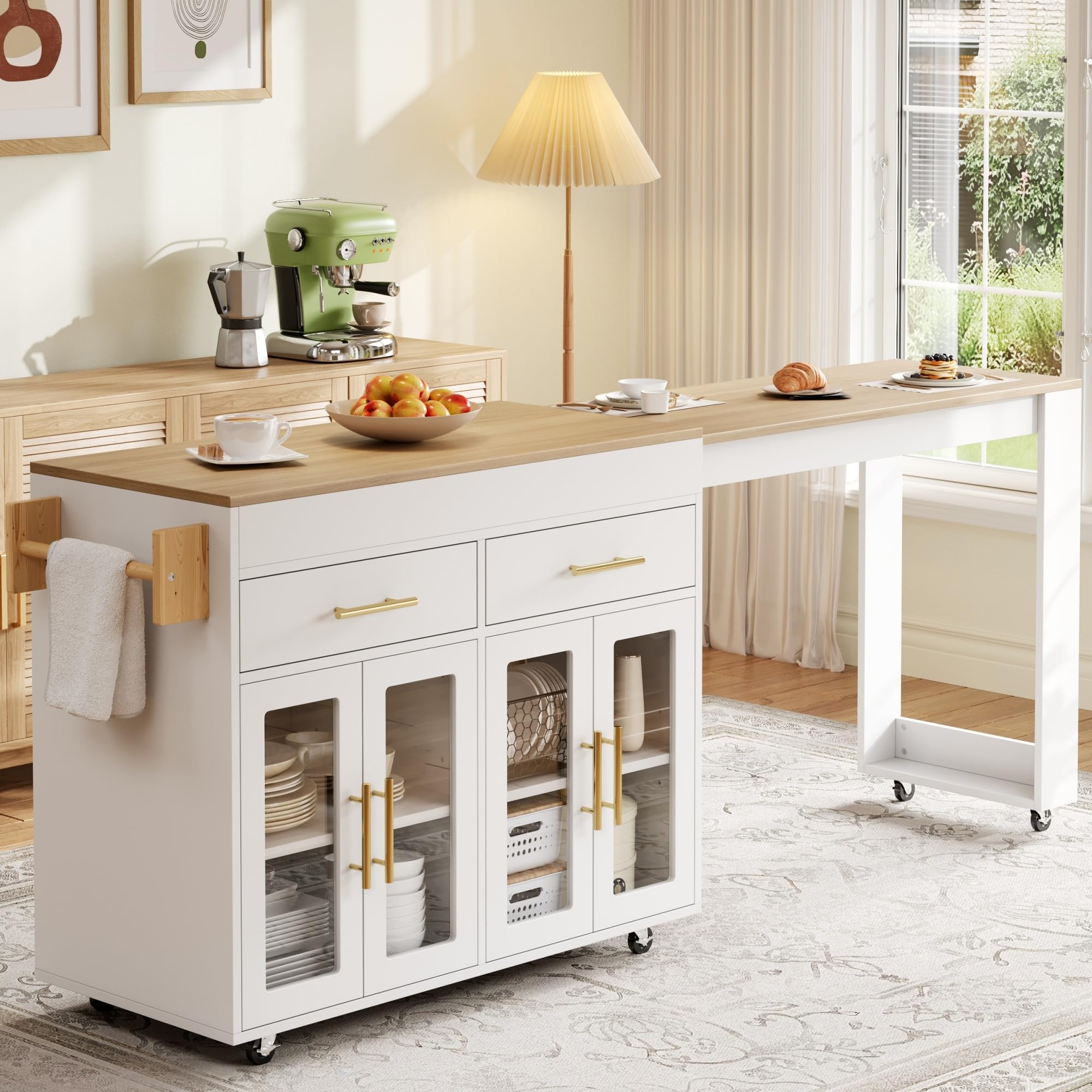 SUKY Isola da cucina mobile con ruote, tavolo da bar allungabile con vano portaoggetti, mobile da cucina con ante in vetro, cassetti e ripiano, bianco, 132,5-217 x 50 x 93 cm