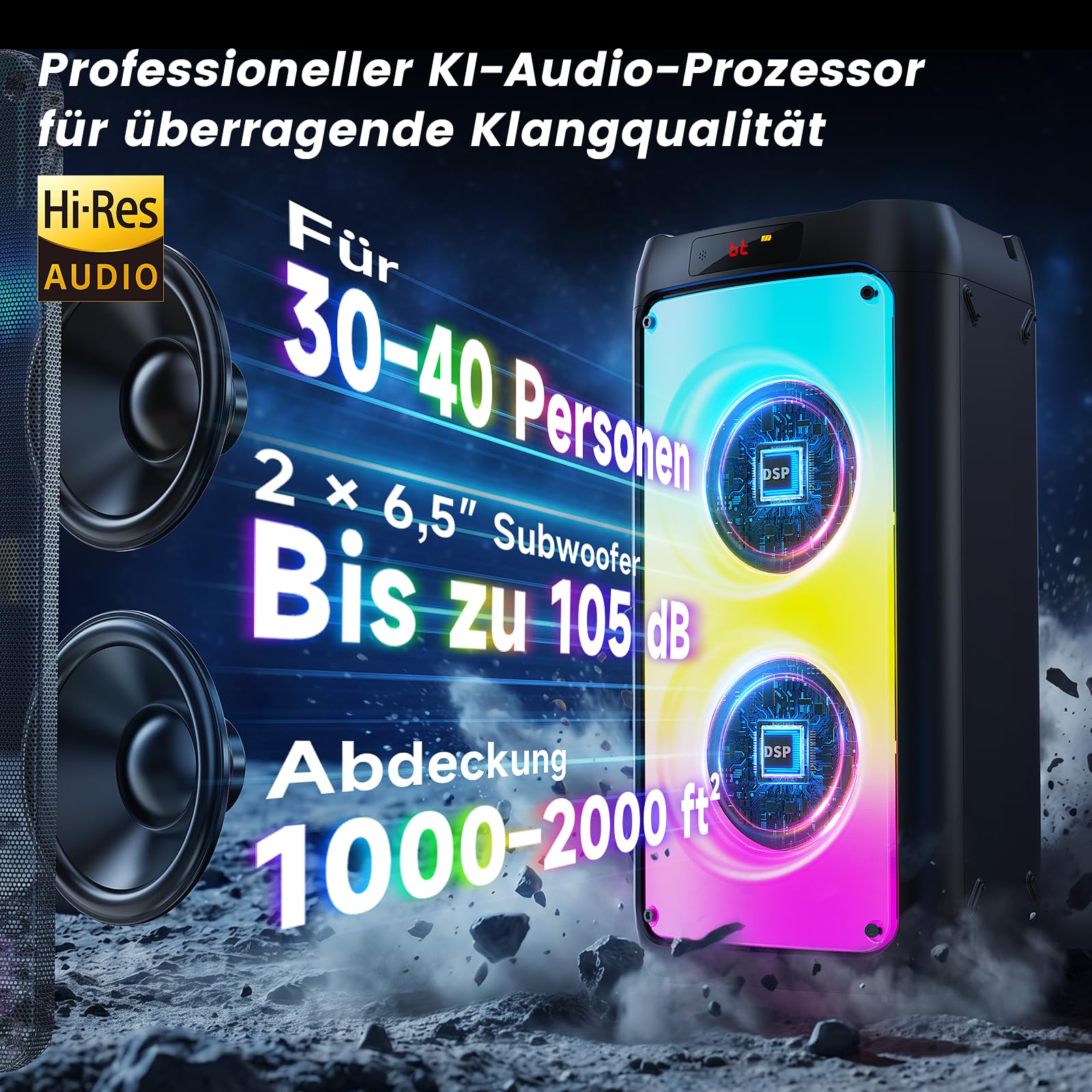 HWWR Karaoke Maschine mit 2 Mikrofonen ohne Verzögerung, groß Karaoke Anlage Partybox mit Echo-Einstellung und kräftigem Bass, unterstützt TWS/TV, Karaoke Box für Familienpartys und Grillabende