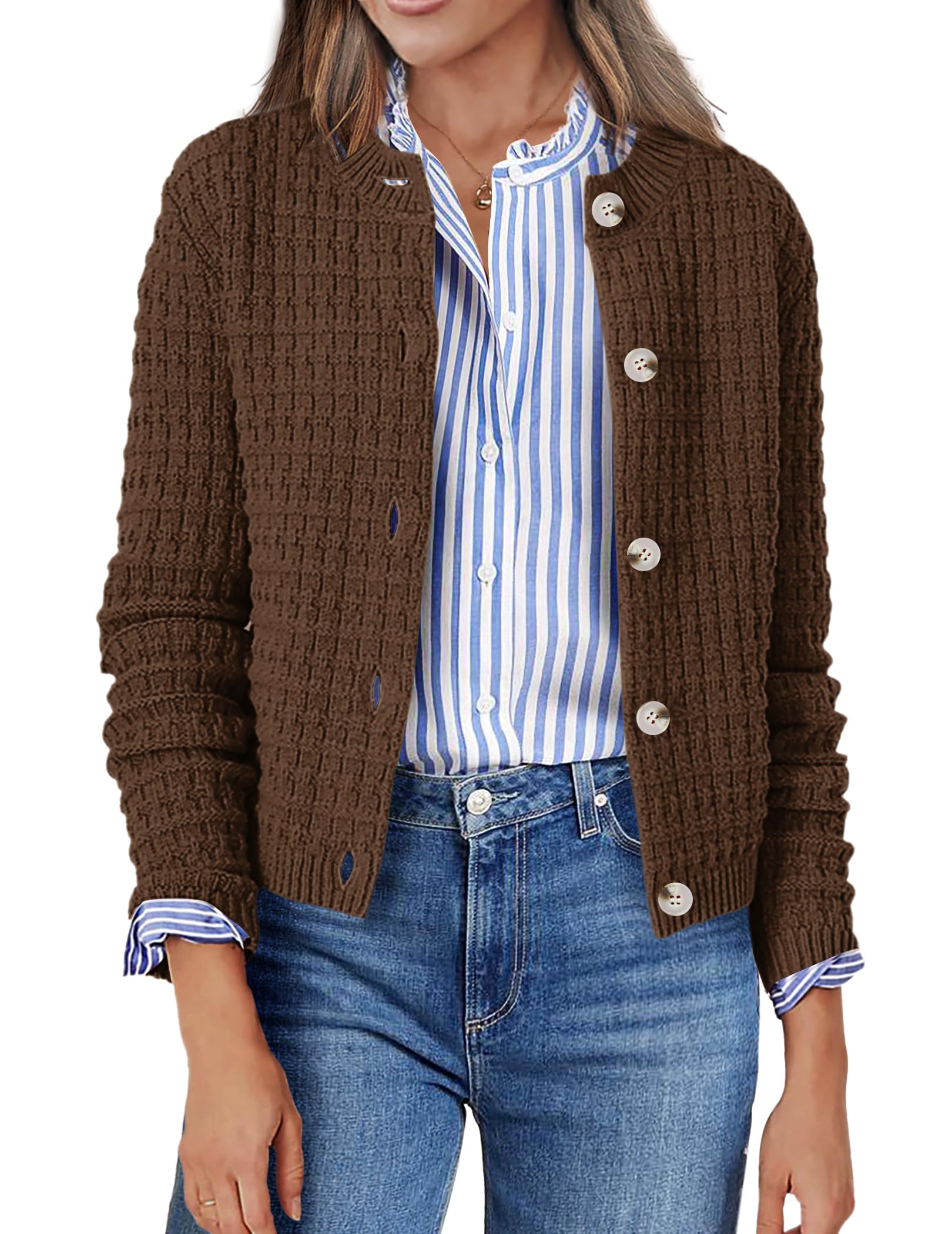 Women's Cardigan Open Front Button Down Knit Sweater Cropped Cardigans Casual Long Sleeve Jackets Outerwear