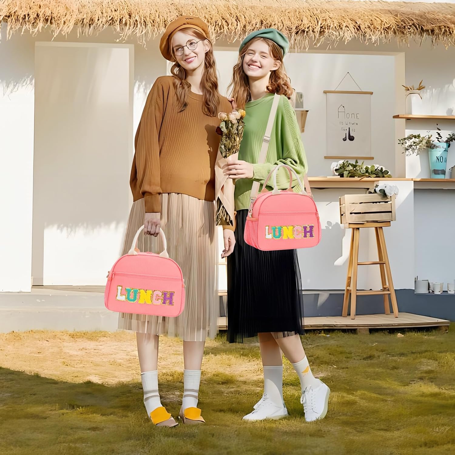 Lunch Bag for Women and Girls, Aesthetic Preppy Insulated Lunch Tote, Large Reusable Lunch Box with Gold Chenille Letters, Detachable Strap for School, Work & Picnic Pink - Image 7