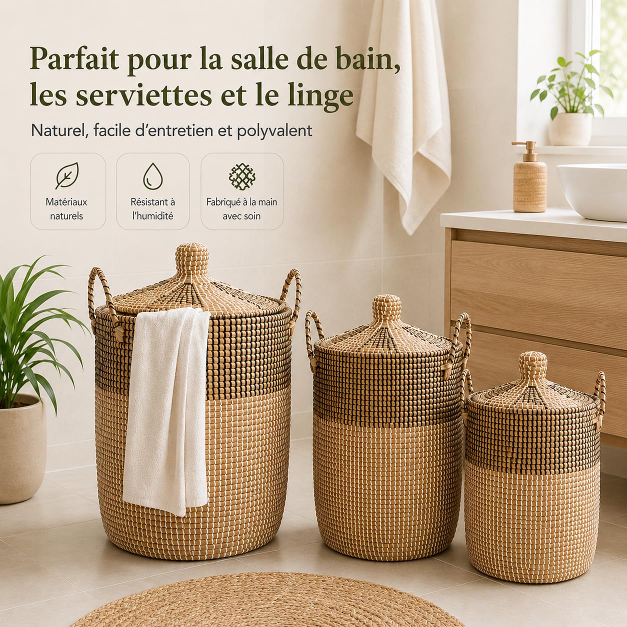 Panier de Rangement Herbe de Mer Artisanal Vietnam Set de 3 avec Doublure Amovible 75.99L/42.99L/25.65L