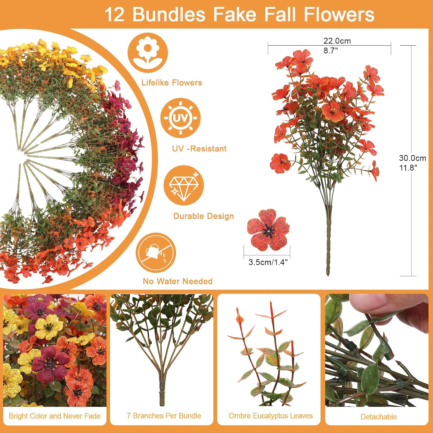 Hommyea Fall Artificial Fake Mums Flowers Plant for Outdoor Faux Home Decor | UV Resistant No Fade looks real Silk 12 Bundles Daisy Flower with Eucalyptus Leaves for Fall Decor Planters Patio Yard Garden