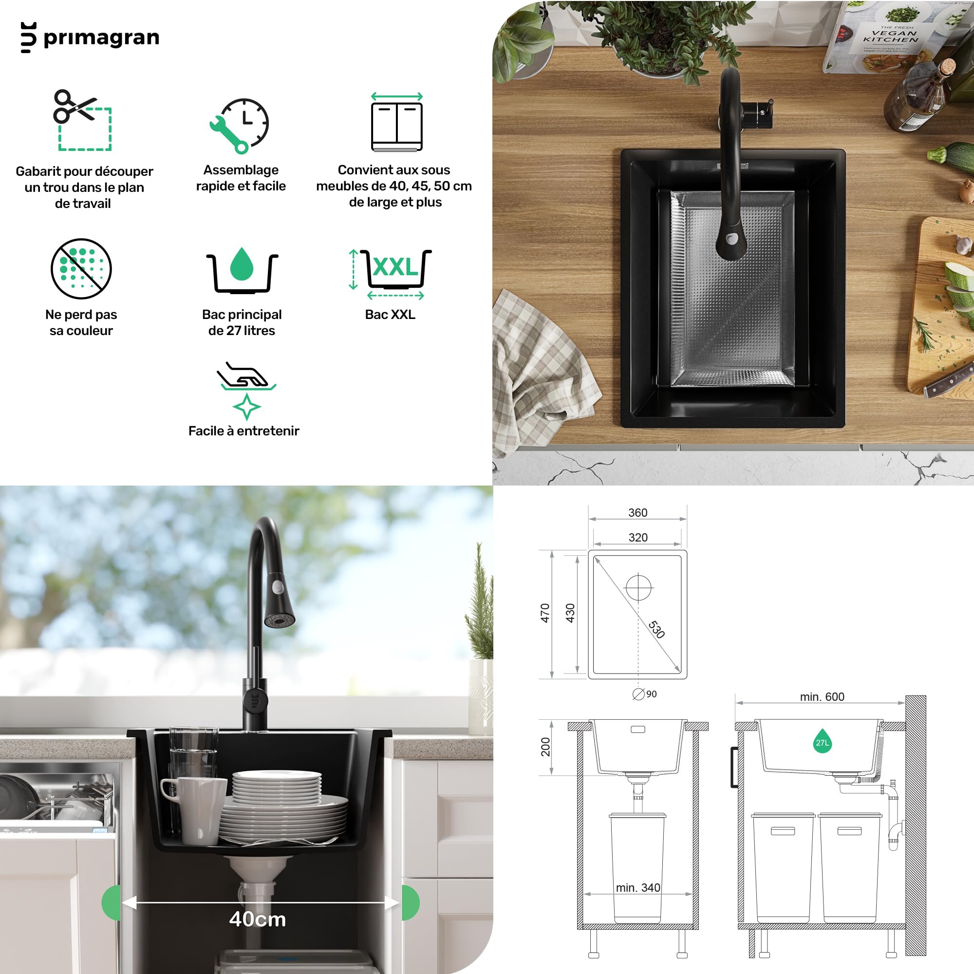 PRIMAGRAN Evier Cuisine en Granit Tout Noir 36x47cm, Lavabo 1 bac + Kit de Vidage, Évier à Encastrer au Meuble 40cm - London S033