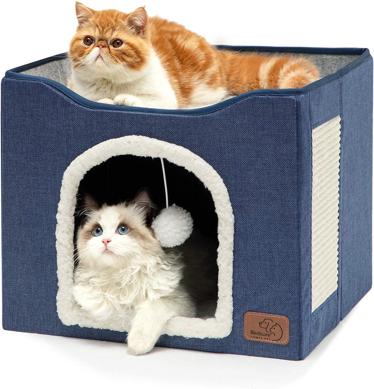 TBSITNSCat Bed for Indoor Large Cat Cave for Pet Cat House with Fluffy Ball Hanging and Scratch Pad, Foldable Cat Nest,41x41x35CM (Blue)