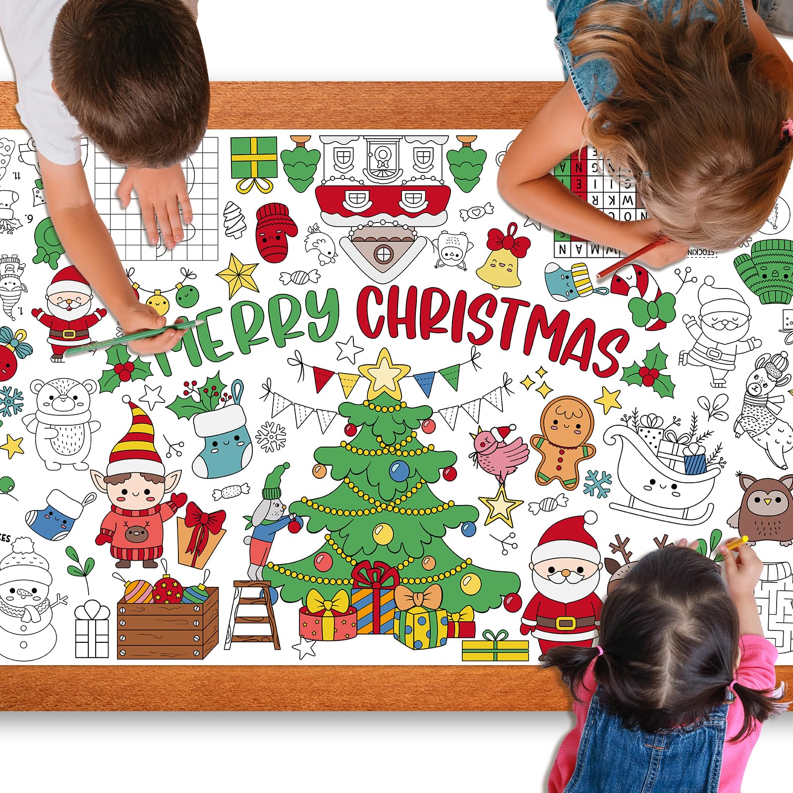 Giant Coloring Poster for Kids, 30x72 Inch Merry Christmas Large Coloring Tablecloth Banner, Color-in Activities Games for Kids School Classroom Home Party Supplies Decorations