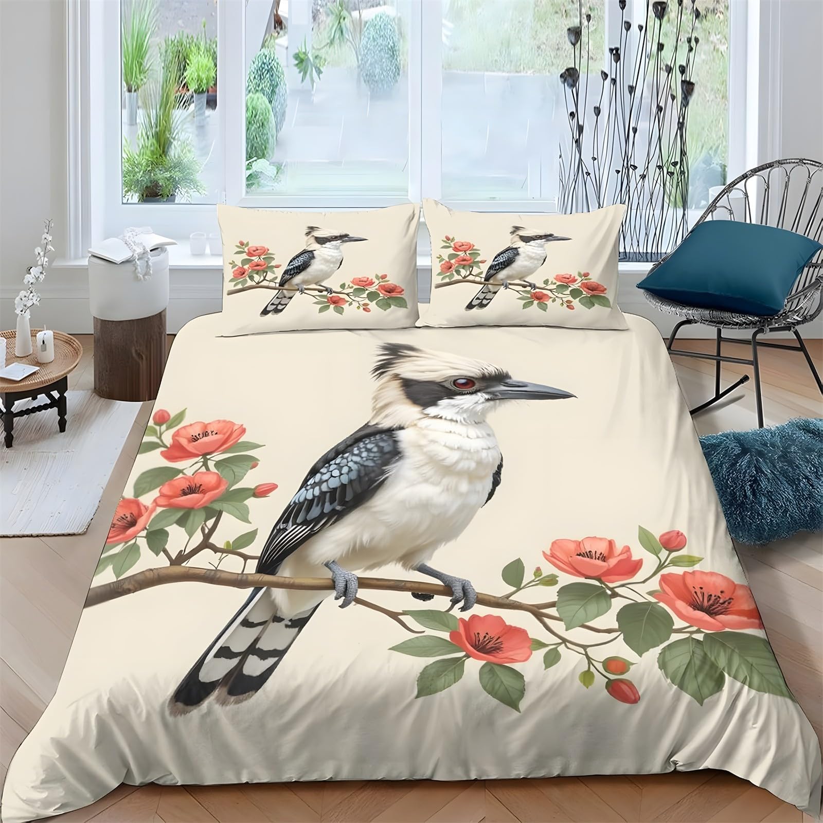 Ypthriline Single Duvet Cover Set Kingfisher Bedding Set Microfiber Pink Flowers Duvet Covers with Pillowcases Reversible Bedding With Zipper Closure 135x200CM