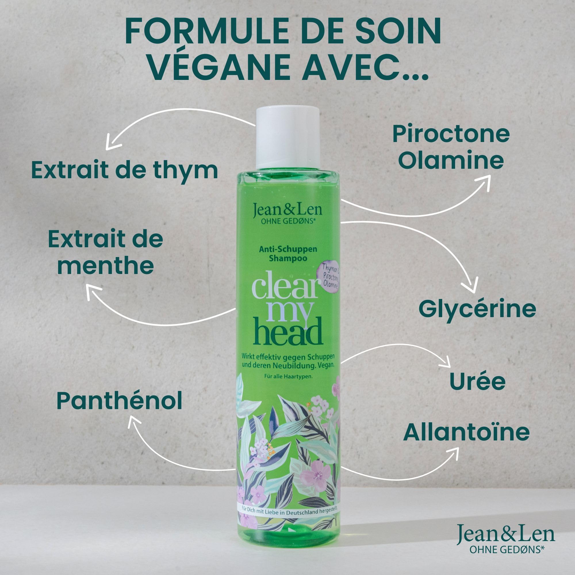 Jean & Len Shampooing antipelliculaire Thym & Menthe, formule végane, à la piroctone olamine, contre les pellicules, pour un usage quotidien, sans parabènes & silicones, végane, 300 ml