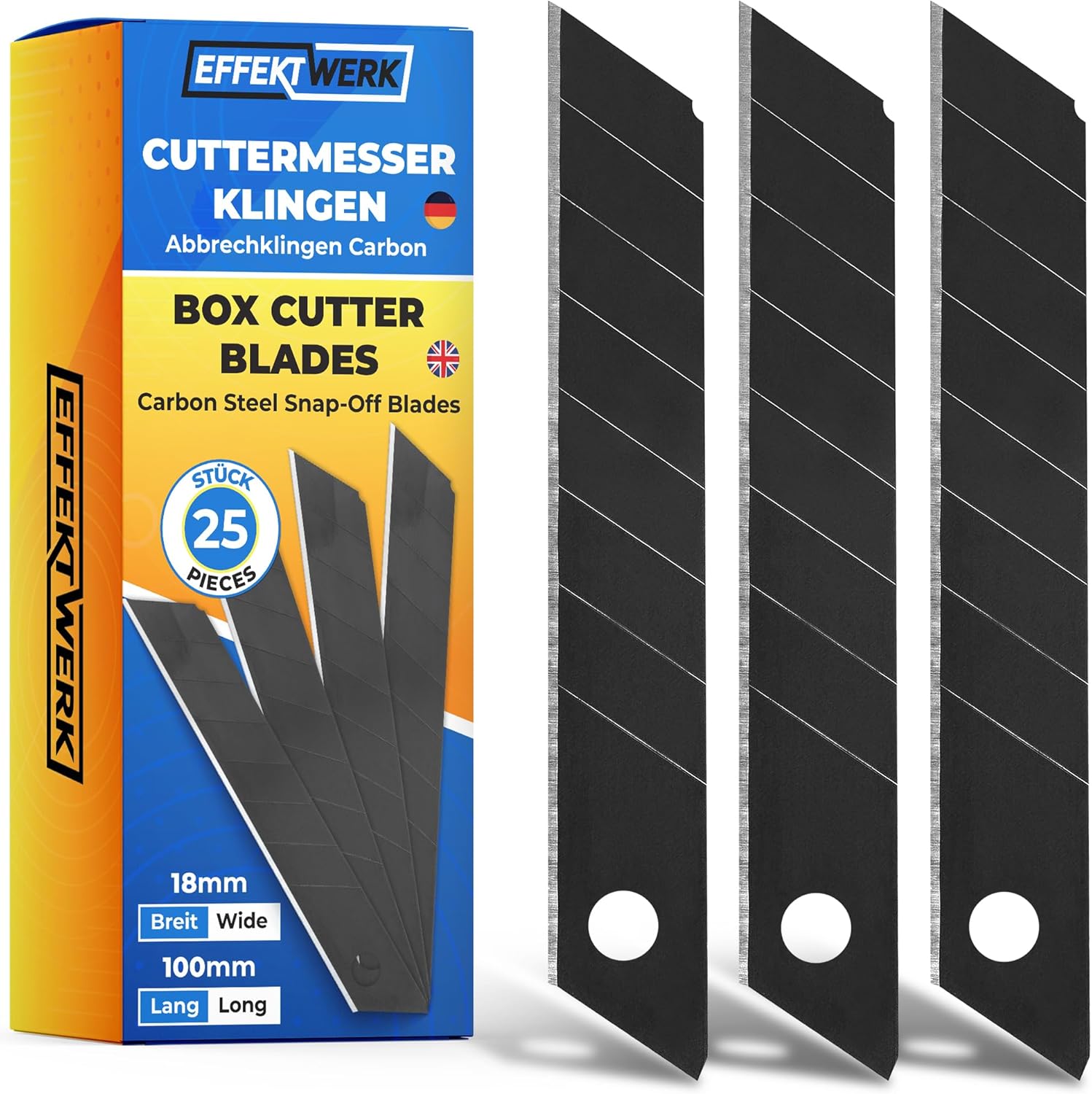 E•Werk - Box Cutter Blade Set - Black, 60 Pack - 18mm Utility Knife Replacement Blades - Heavy Duty Carbon Steel Snap Off Blades - Blade Refills for Utility Knives & Box Cutters