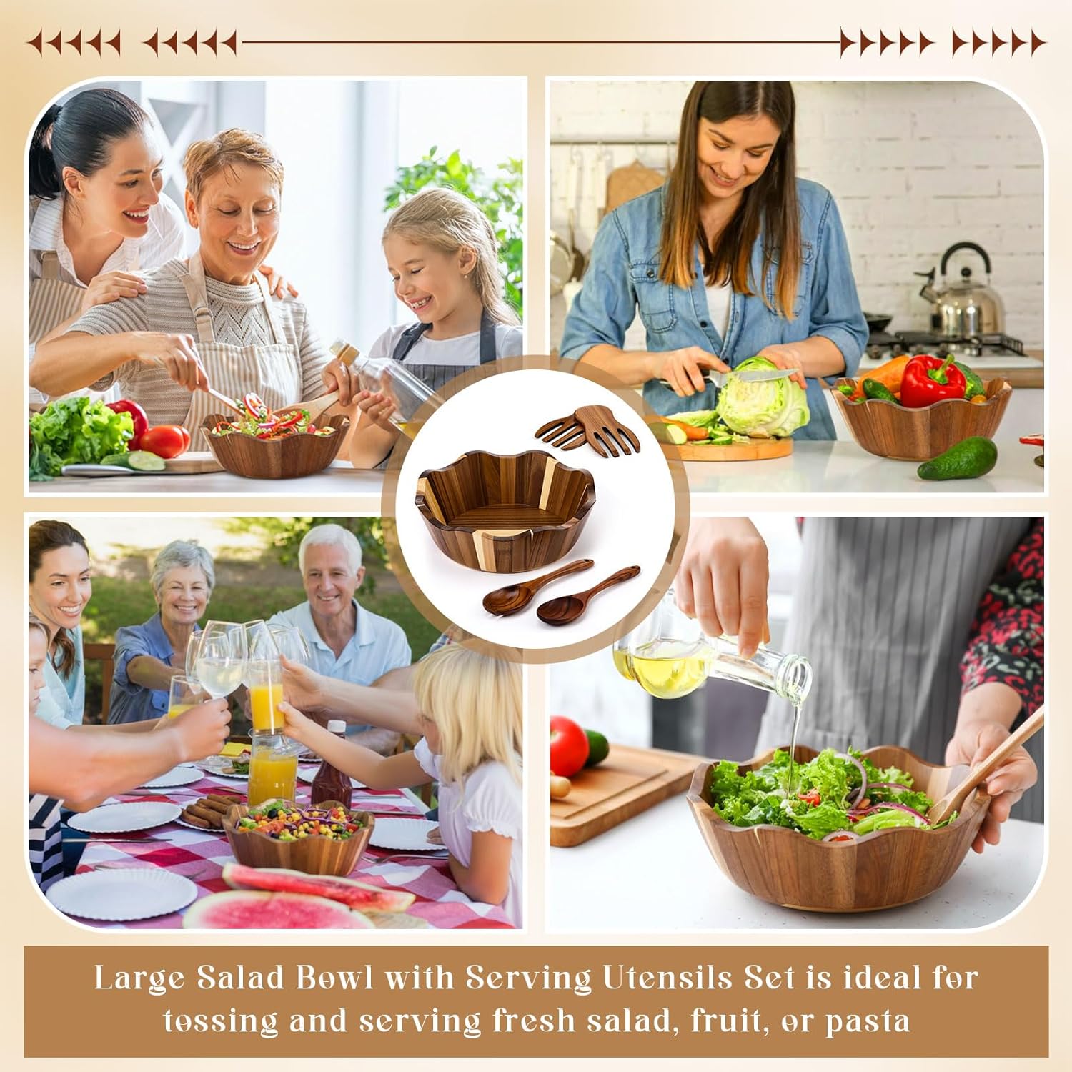 LemonRoad Wooden Salad Bowls Set 12 inch Wavy Large Acacia Wood Serving Bowl with 2 Wooden Hands 2 Utensils Fork Spoon for Fruit, Salad, Cereal, Corn flake, Pasta, Food(Irregular Shaped)