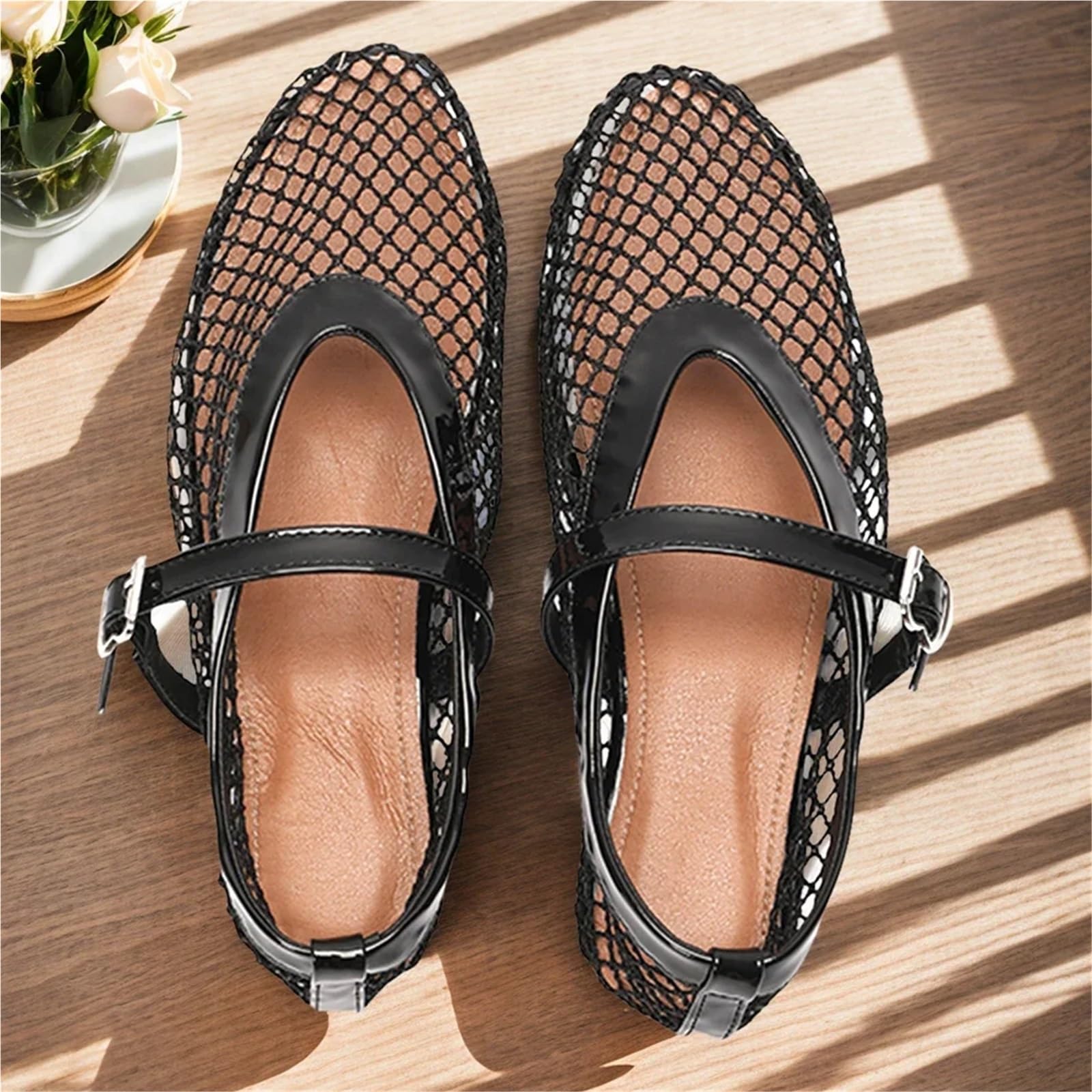 Damen Mesh-Ballerinas, Fischnetz-Ballerinas, Bequeme Schuhe mit runder Spitze, atmungsaktiv, lässig, for Gehen for den Weg zur Arbeit Für Damen