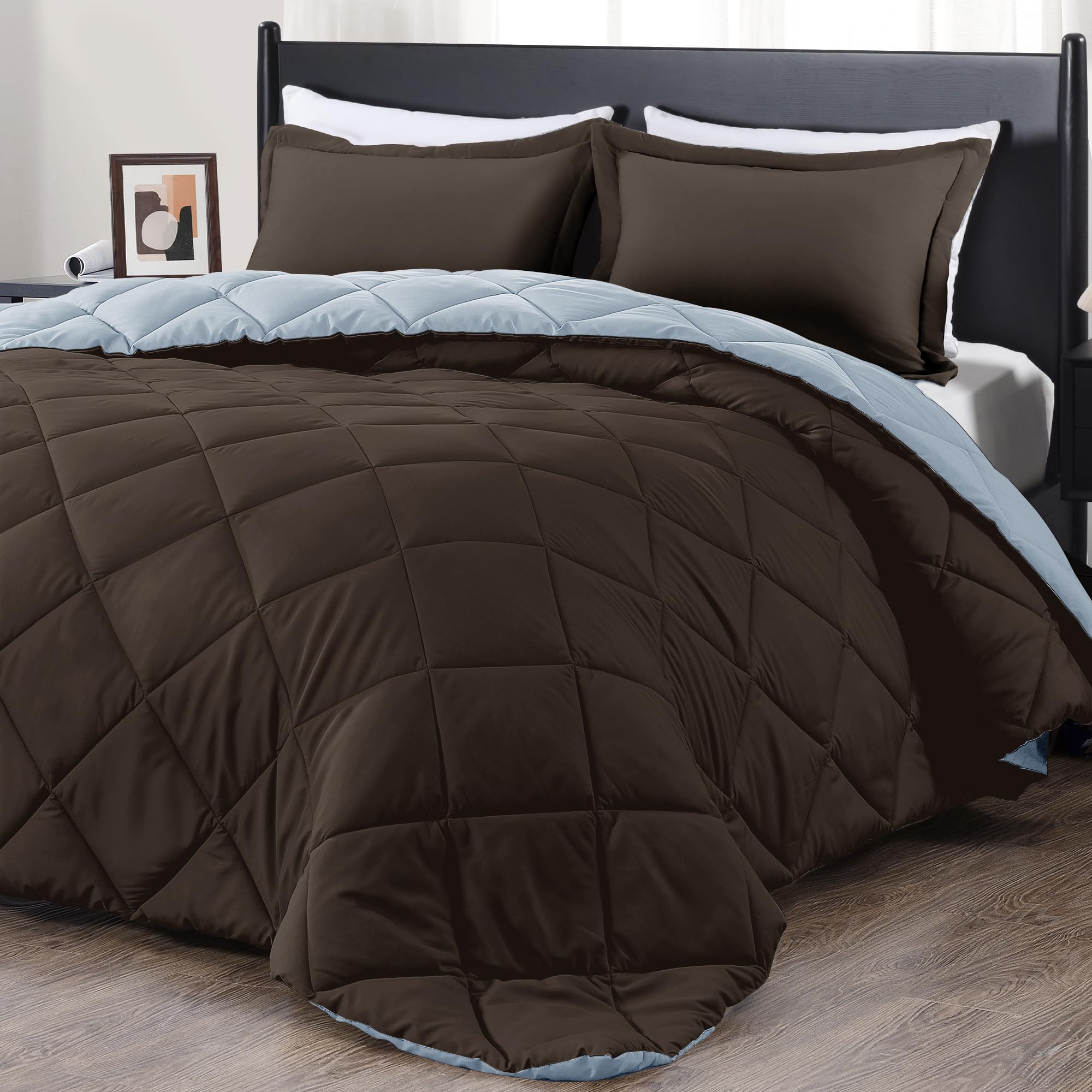 downluxe Twin Comforter Set - Brown and Blue Twin Comforter, Soft Bedding Sets for All Seasons -2 Pieces - 1 Comforter (66"x92") and 1 Pillow Sham(20"x26")