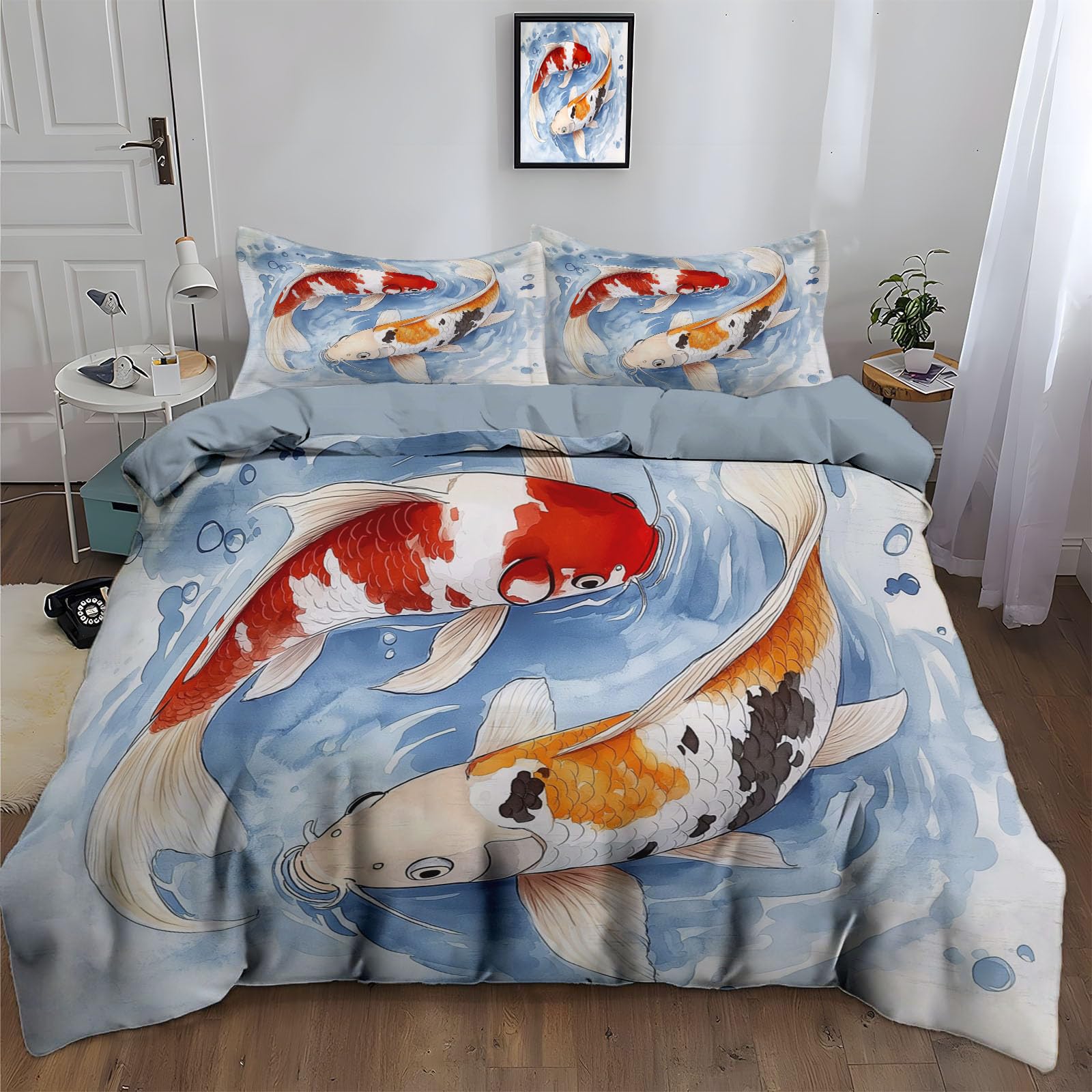 Parure de lit 240x260cm deux animaux koi avec 2 taies d'oreillers en microfibre