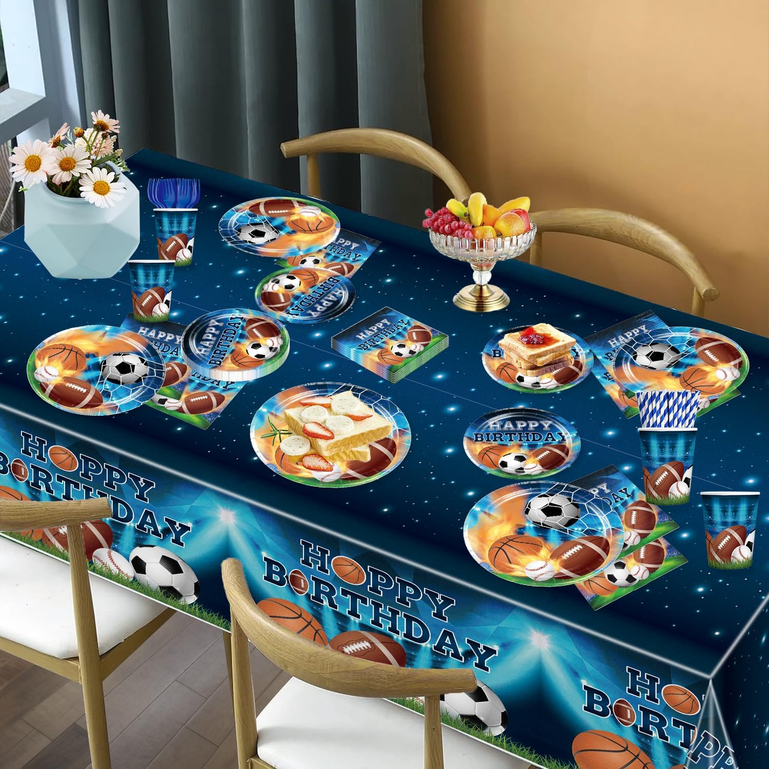 222Pcs Sports Birthday Party Decorations- Amp Up Your Sports Themed Party for 25 Guests. Includes Banner, Plates, Tablecloth, Cupcake Toppers and Aluminum Balloons for Boy Birthday Party Decorations