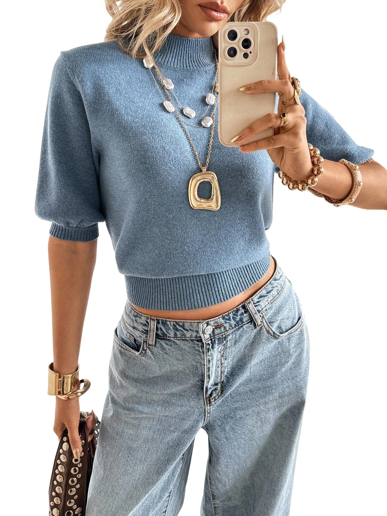 MakeMeChic Womens Turtleneck Sweater Short Sleeve Knit Going Out Mock Neck Pullover Tops