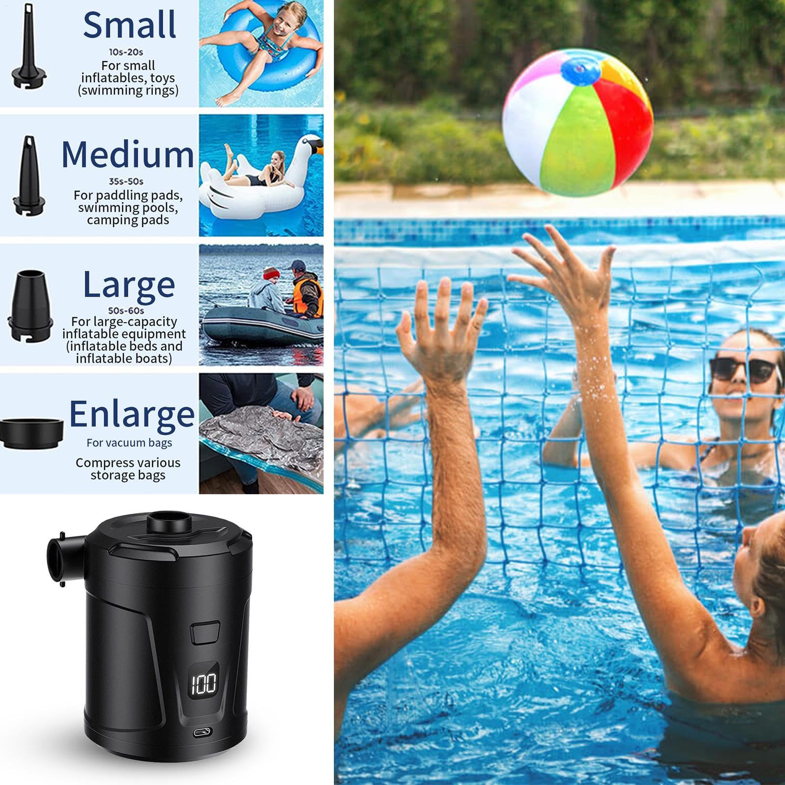 Inflatable Air Pump, Camping Air Mattress Pump Electric, Quick-Fill Deflator Portable Inflator with 4 Nozzles & Digital Display for Toys Swim Ring Pool Float Camping Mattress