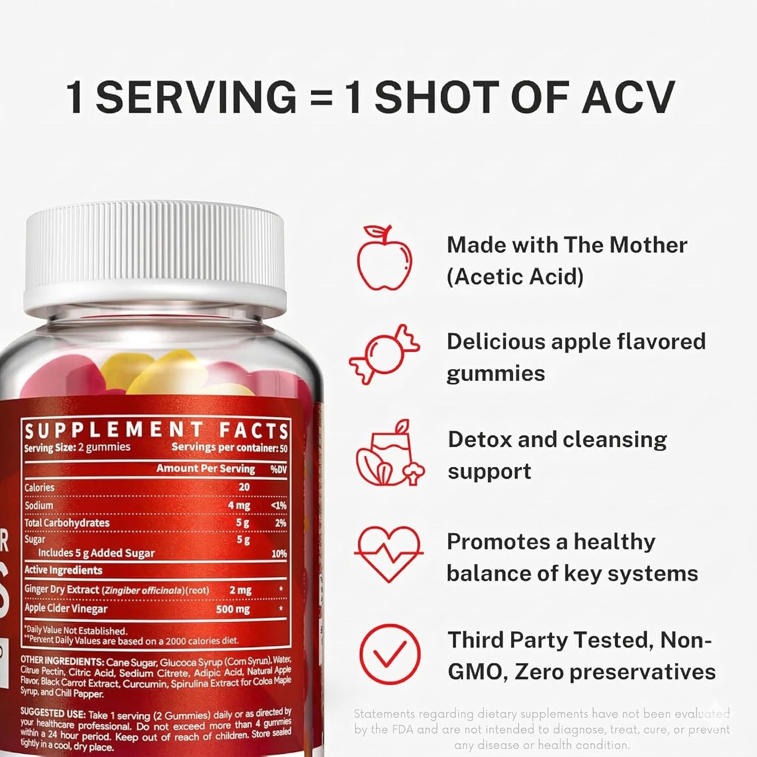 Apple Cider Vinegar Gummies with The Mother - ACV Gummies for Detox, Cleansing & Immune Support - Made with Black Carrot & Ginger Dry Extract - Pectin Based, Non-GMO, Gluten-Free (120 Gummies)