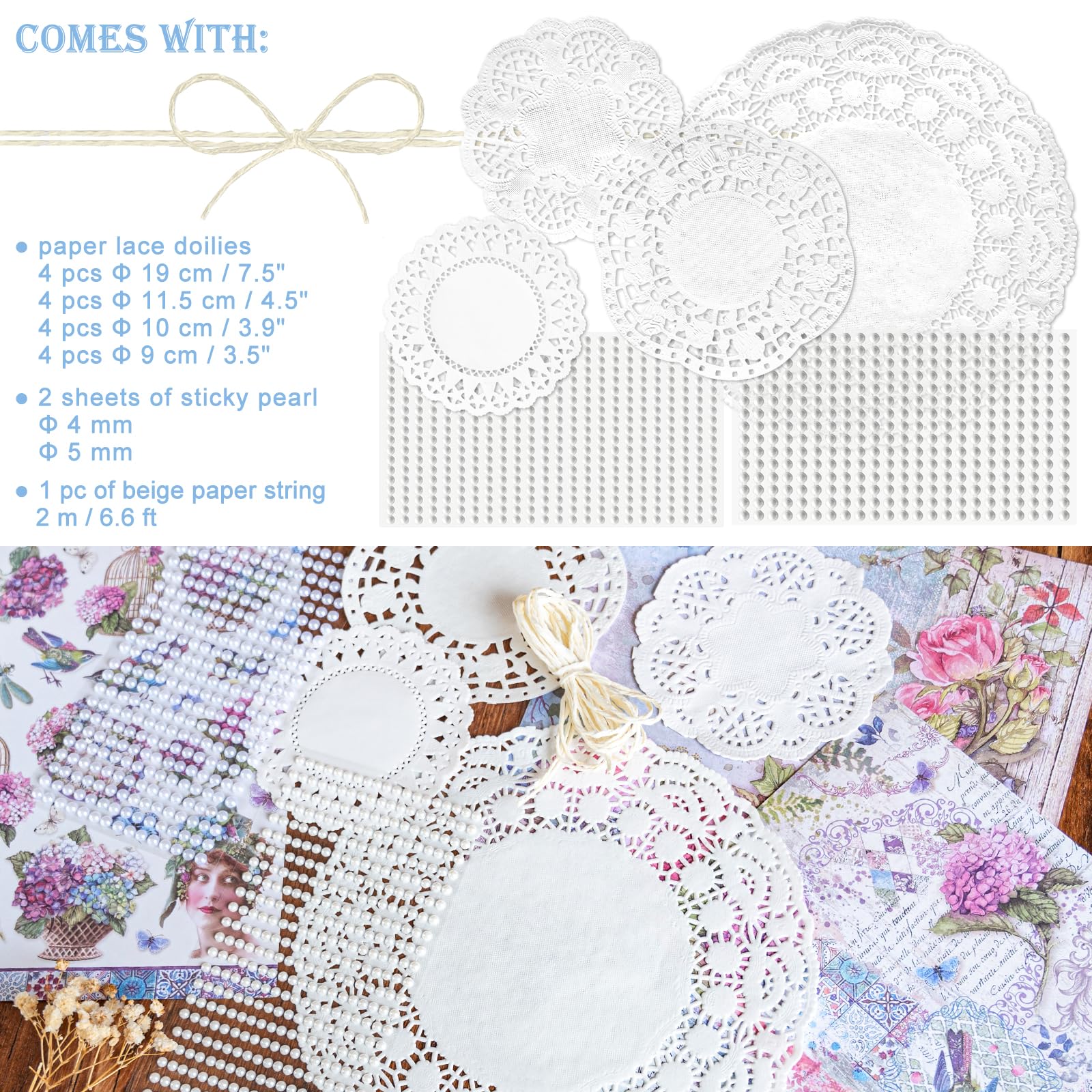 Carta Scrapbooking Vintage 27 Fogli Unici, Set Con Centrini In Carta, Perle Adesive E Filo - Formato 20x20cm - Primavera - 4
