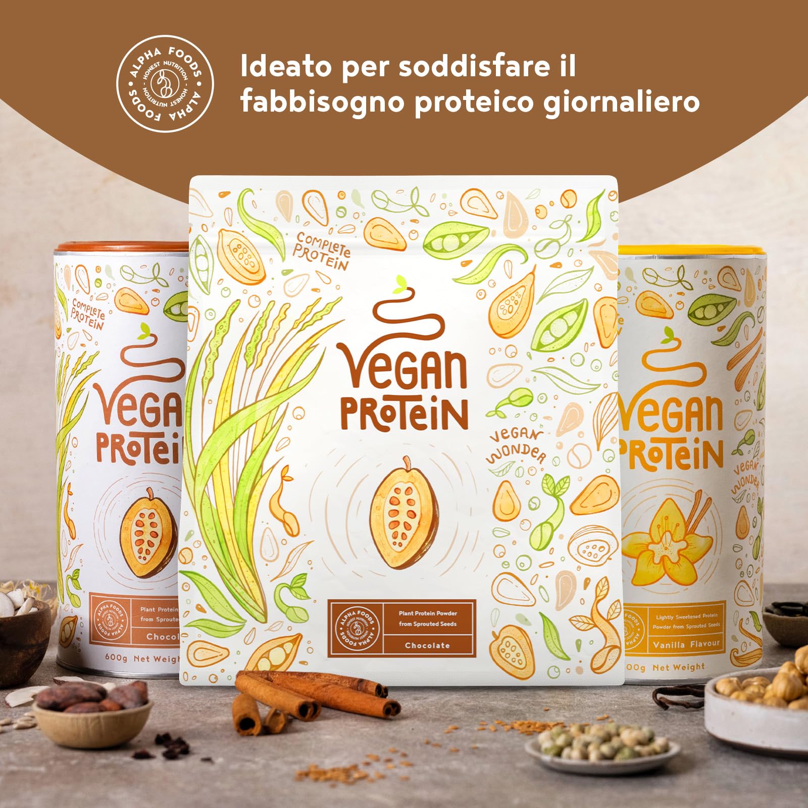 Proteine in Polvere Vegane | Gusto Cioccolato | 21g Proteine Vegetali Isolate di Pisello, Riso, Girasole e Soia | Massa Muscolare | 1.2kg Vegan Protein Powder | Alpha Foods