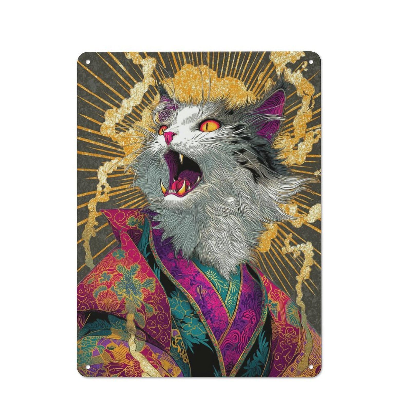 Junmoney Yelling Cat In Kimono Rustic Metal Sign 40X30cm For Living Room Wall, With Clear Rustic Wall Decor Character