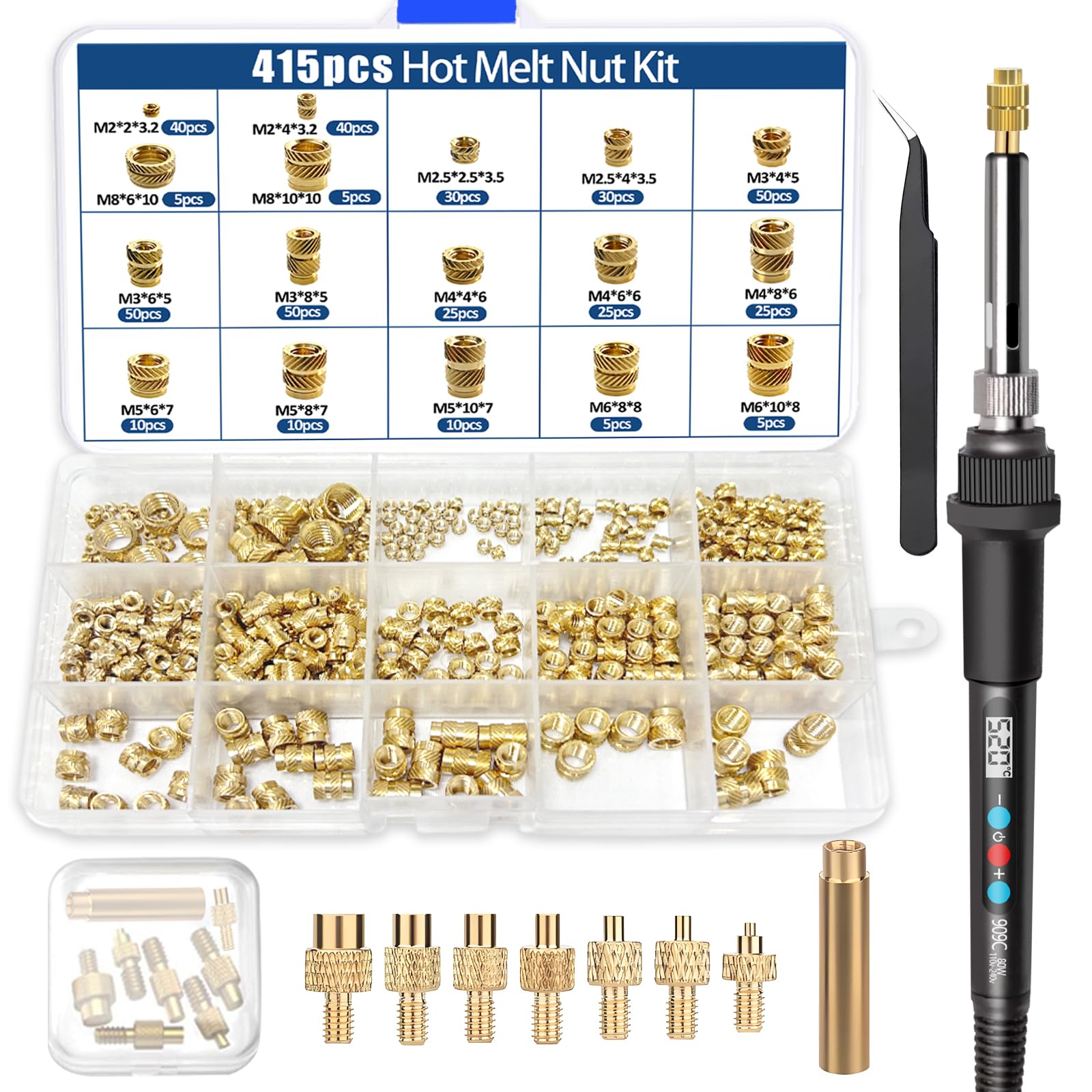 425tlg Gewindeeinsätze Lötspitzen Set, LCD Einstellbarer Temperatur Lötkolben 180-500°C mit 7 stk Lötspitzen&Soldering Tip Adapter, 415 Gewindeeinsätzen M2/M2.5/M3/M4/M5/M6/M8 für 3D Drucker