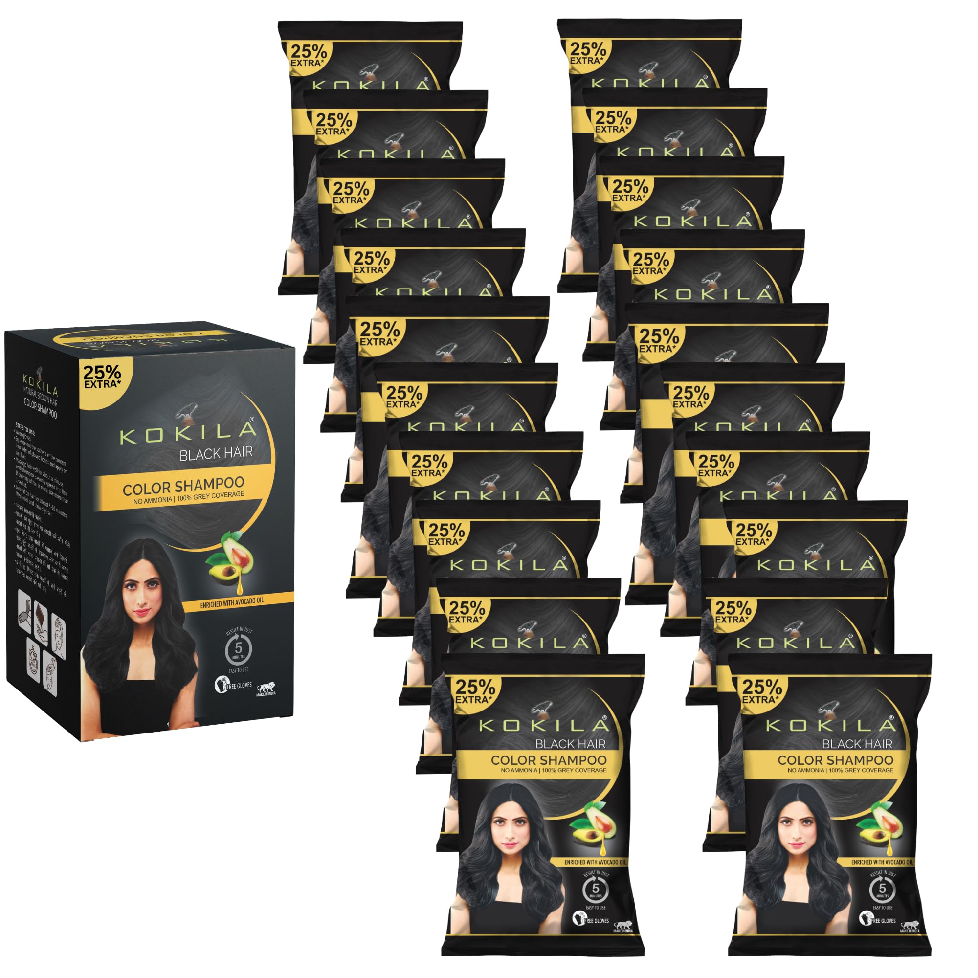 Kokila Unisex Hair Color Shampoo Enriched With Almond Oil in Just 5 Minute, Long-Lasting Instant Hair Color Black Pack of 20 (18ML Each)