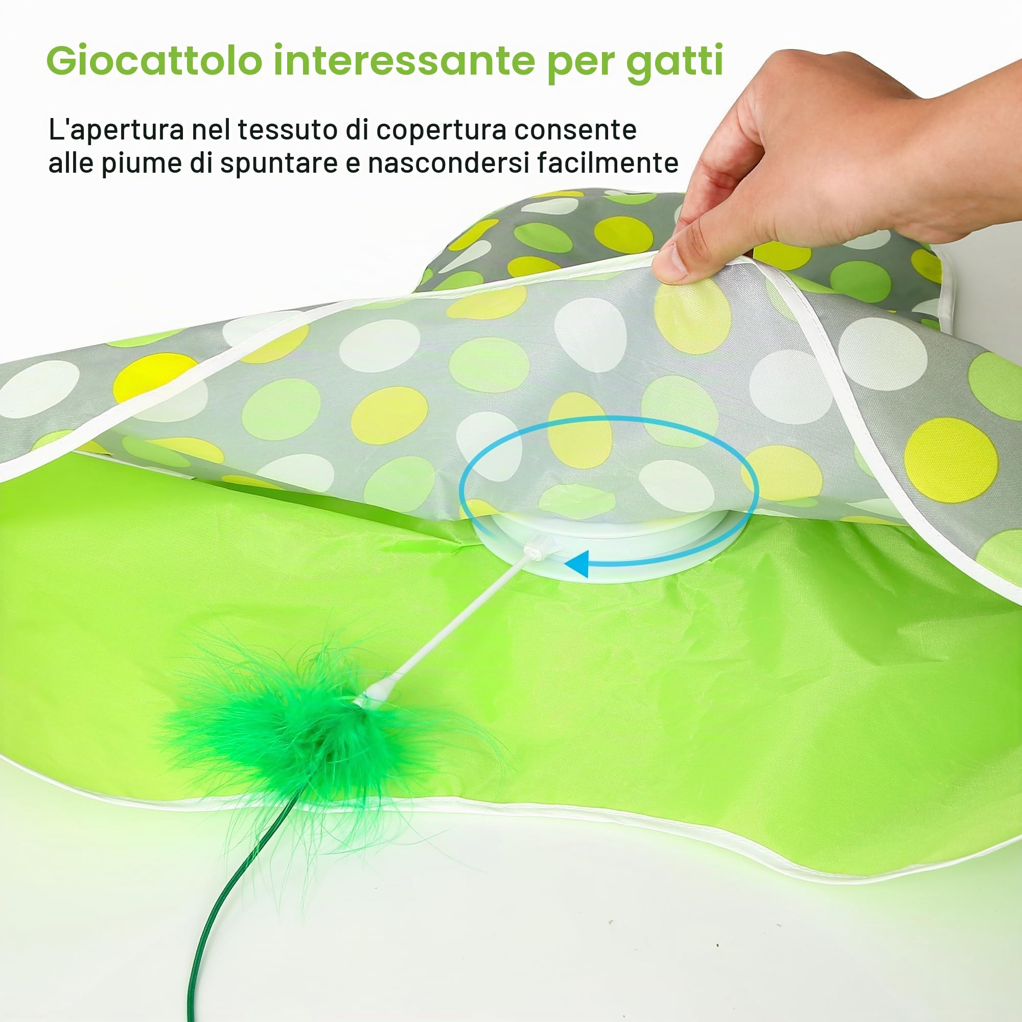 Giochi per Gatti Interattivi, Gioco Gatto in Casa, Gioco per Acchiappare i Topi, con Piume Rimovibili, Modalità Standby Automatica, Giocattolo per Gatti Ricaricabile Tramite USB (Verde)