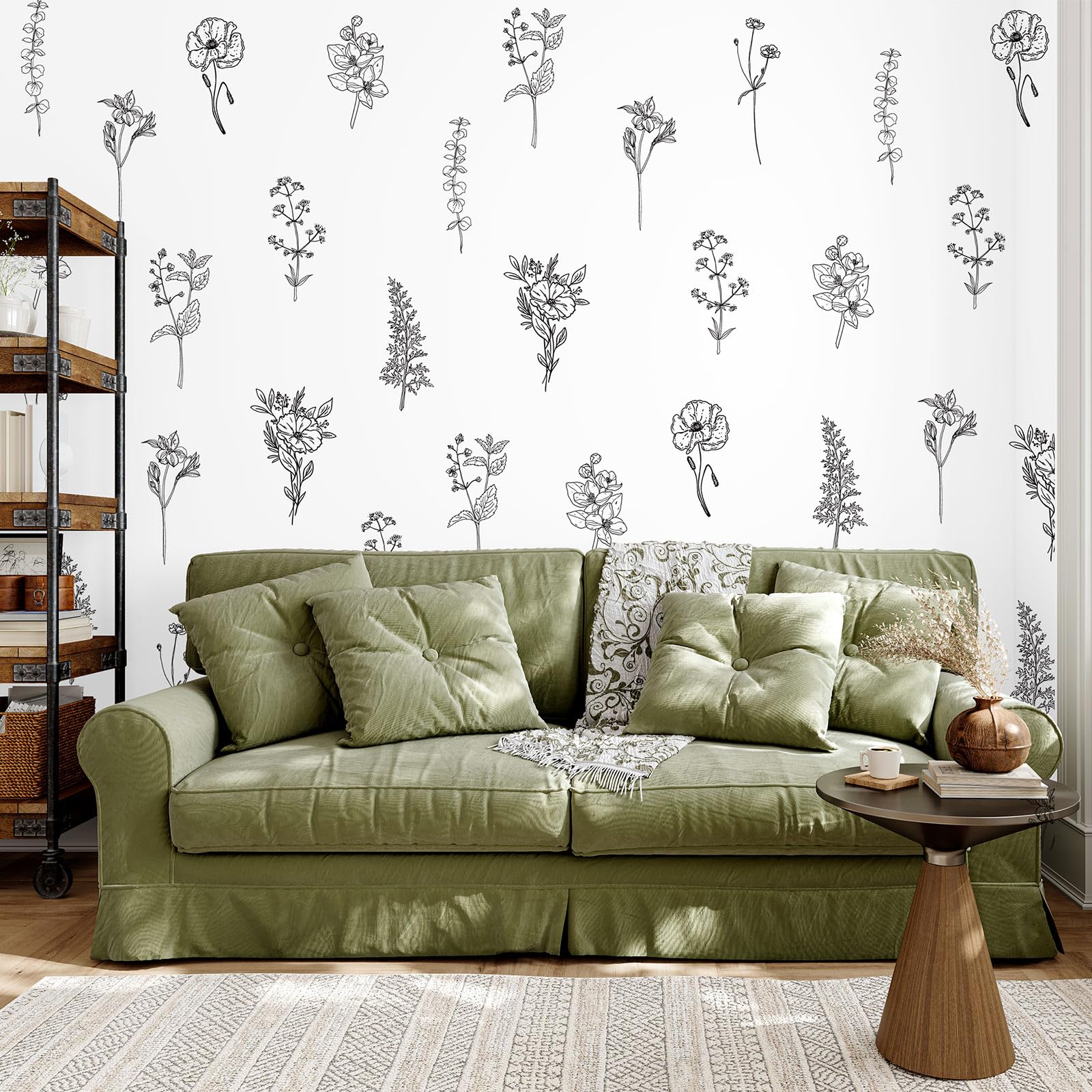 FYSUIMU 12 Sheets Wildflower Wall Decals Retro Boho Black Floral Botanical Wall Stickers Vintage Aesthetic Mural Wall Art Decor for Spring Home Nursery Living Room Bedroom