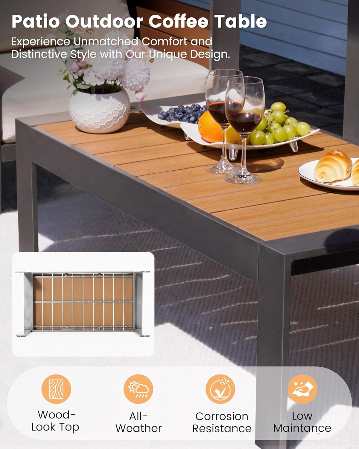 Sundale Outdoor Patio Coffee Table, Rectangble Outdoor Coffee Table with Glitter Shimmer Coated Aluminum Frame and Wood-Like Top, All Weather Patio Table for Patio, Balcony, Deck