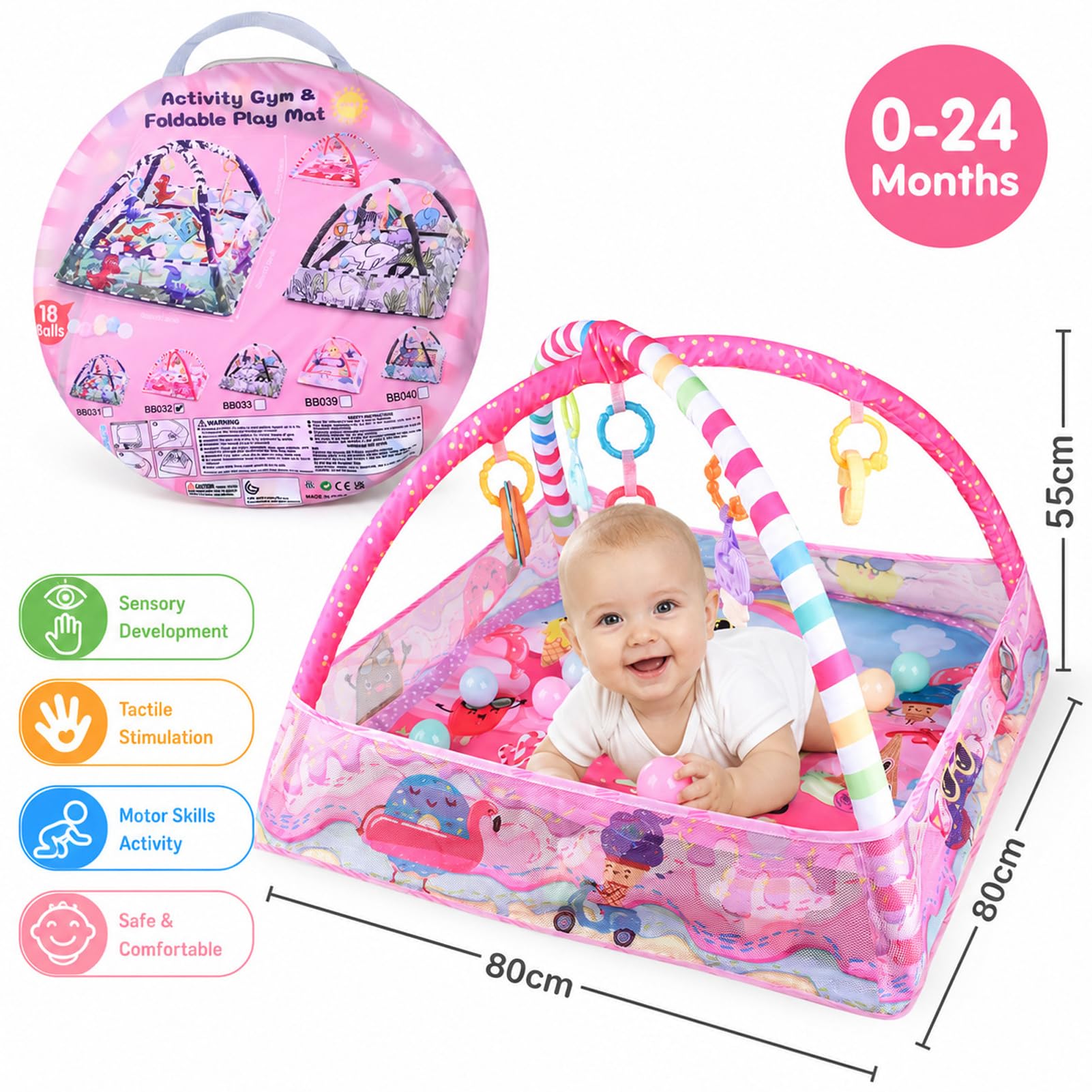 Bebamour Baby Spielmatten Bodenturngeräte von Geburt an, 18 Bälle, 5PCS Hängespielzeug, weiche Baby Play Activity Gym Spielmatten Bodenturngeräte für 0-24Monate(Pink)