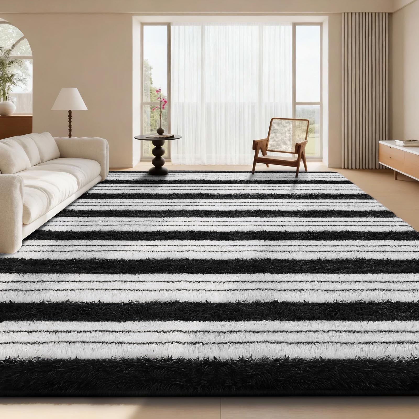 Sour Lemon Black and White Rugs Living Room 200x300cm, Striped Area Rug for Bedroom, Washable Rug Anti Slip, Extra Large Fluffy Shaggy Rugs Modern Floor Carpets Mat Beside Carpet for Kids Living Room — image 1