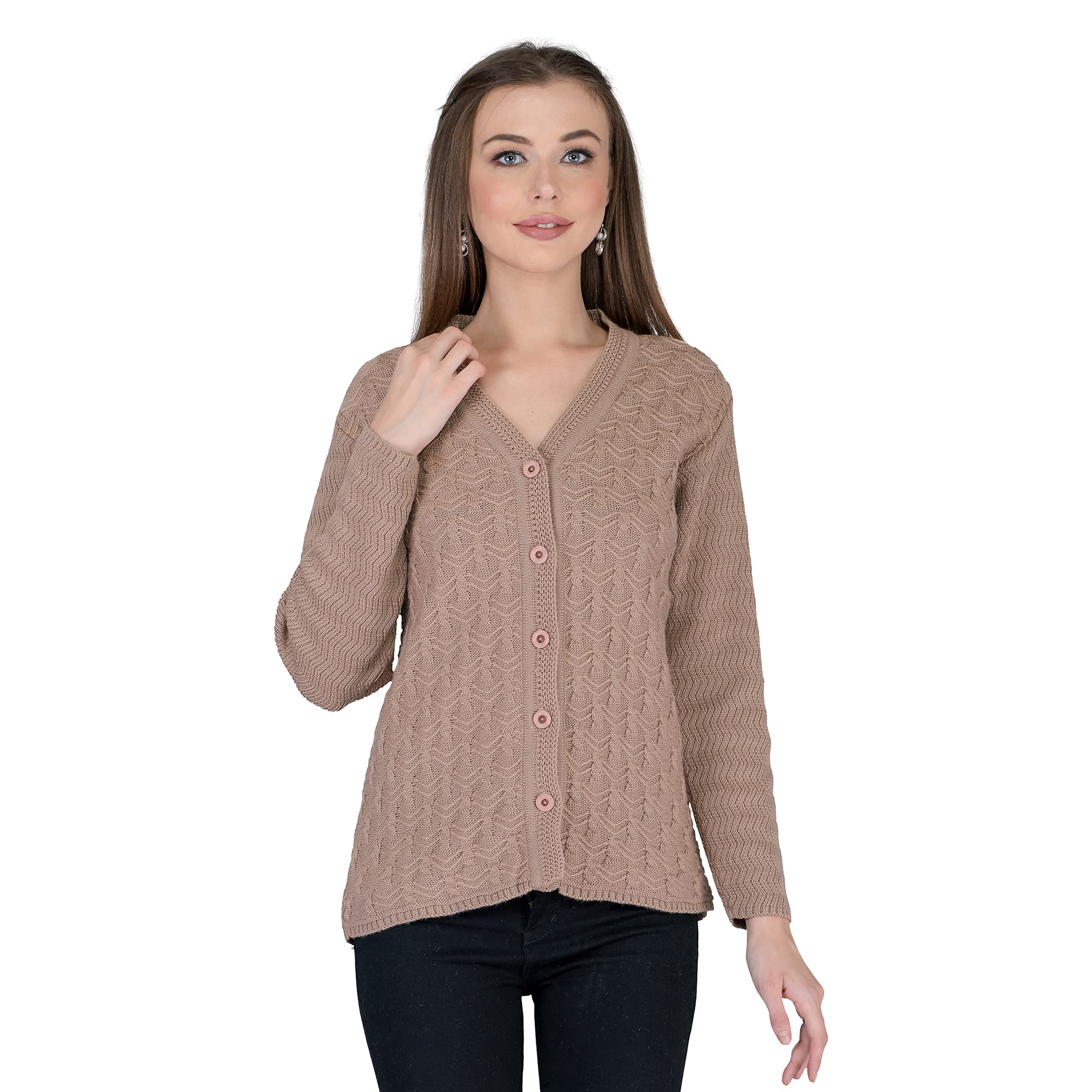 ladywillington Lady Willington Women Woolen V-Neck Self Design Cardigan Heavy Daffodil Fabric Cardigan Winter Wear Pure Wool Cardigan for Women Free Size Long Cotty Fully Warm Cardigans (M, Walnut)-picture-40