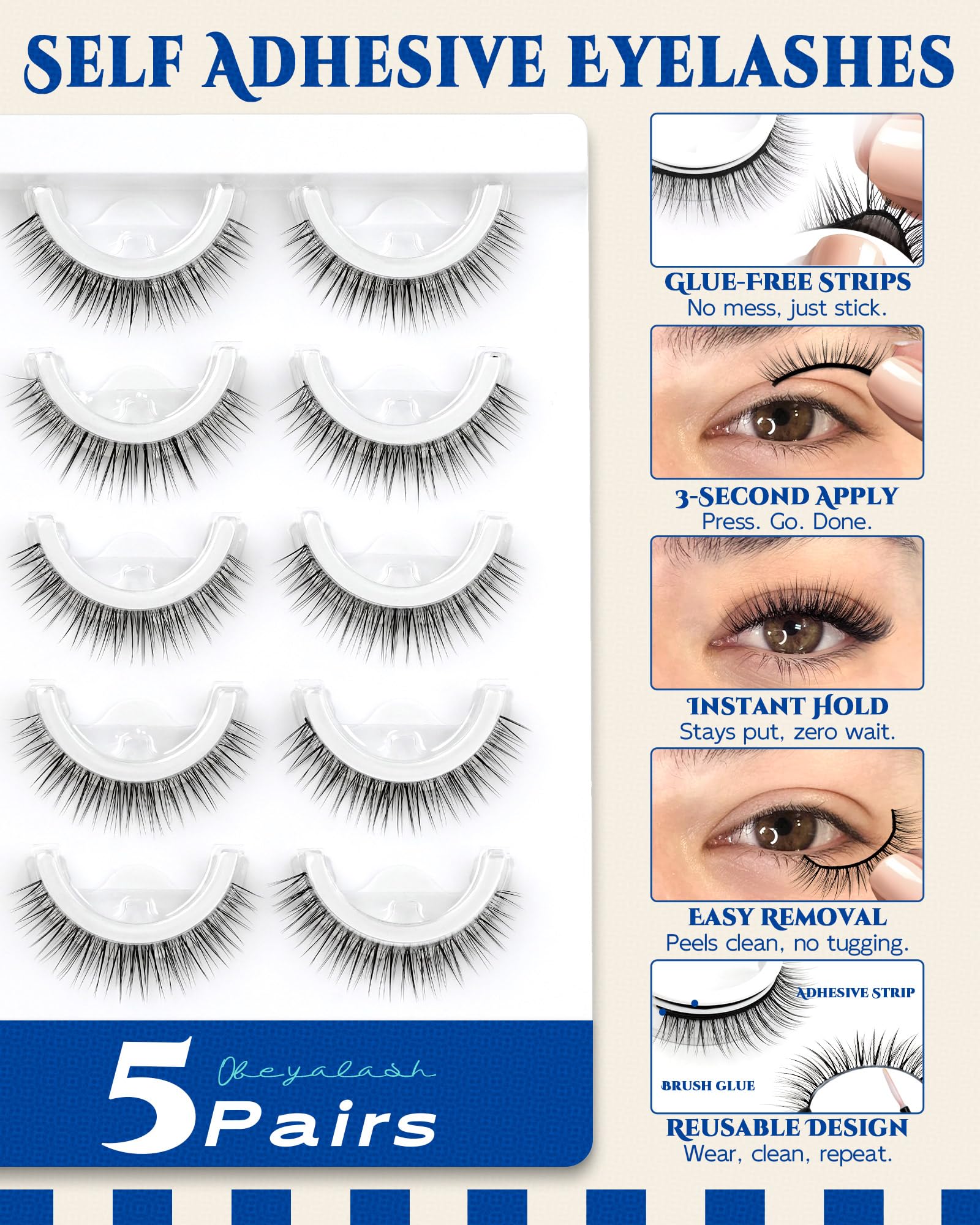 Obeyalash Waterproof Reusable Self Adhesive Eyelashes Natural Look,Doll Eye 10mm, 5 Pairs Stick on False Eyelashes,Pestañas Postizas Naturales,Pre Glued Lashes,Press on False Lashes,Wispy Strip Lashes