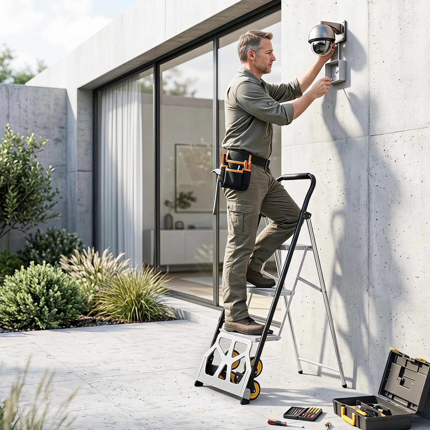 Carrello per scale 2 in 1 con scala a 3 gradini, per scale