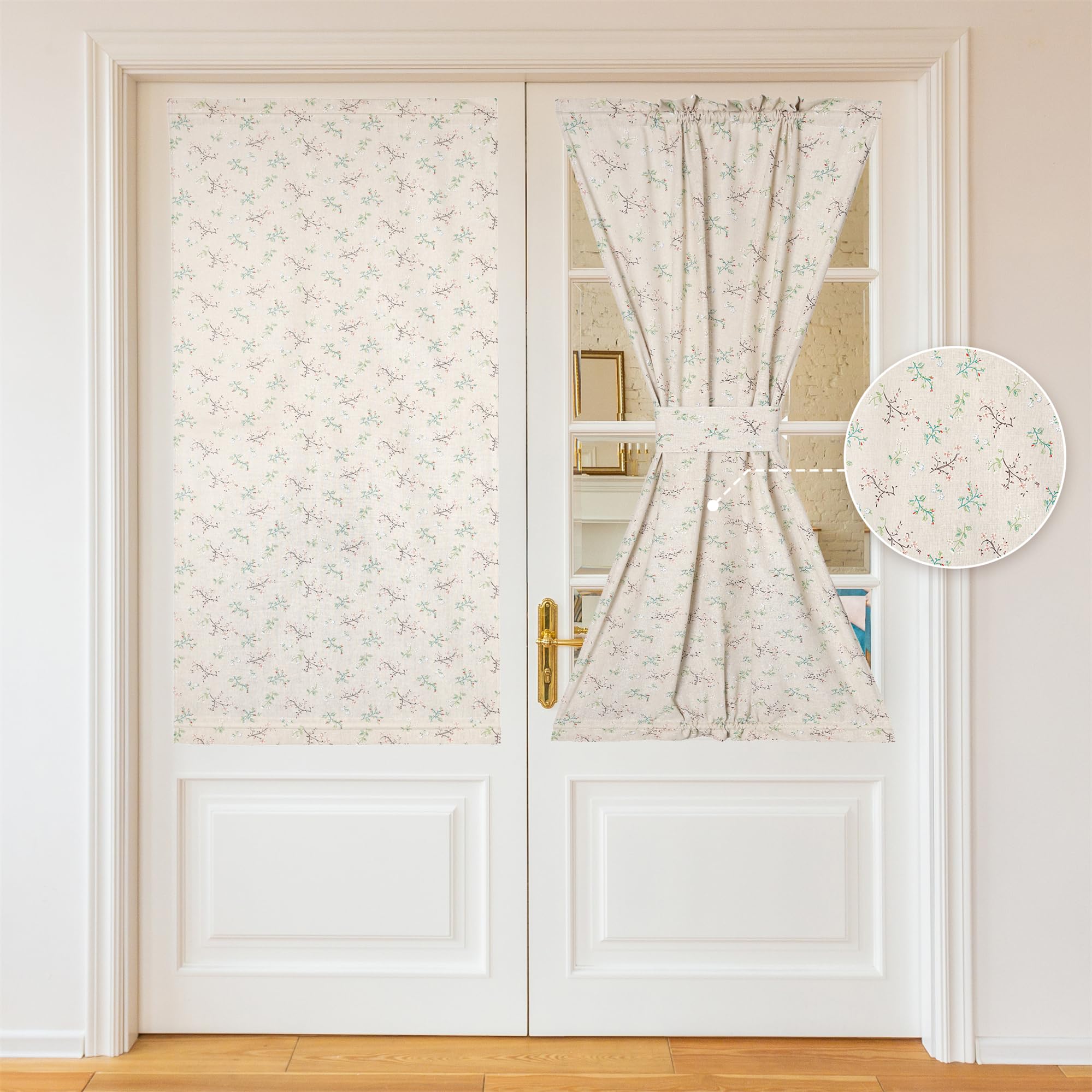 Moslovstar Farmhouse French Door Curtains 1 Pair Rustic Floral Linen Sidelight Privacy Door Panel Curtains, Little Grass and Flower on Beige 25x40