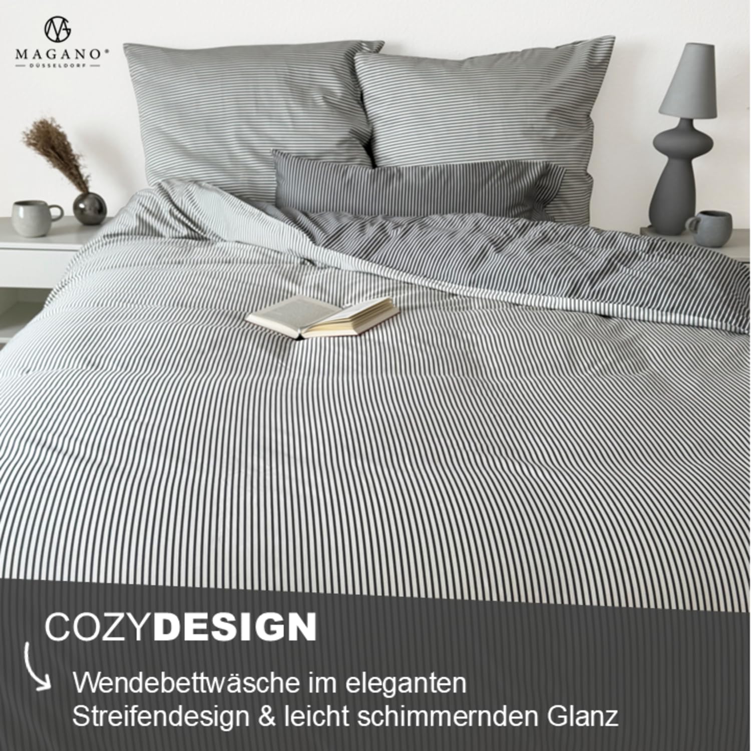 Magano® Luxus Bettwäsche Streifen | Bambus & Baumwolle (Grau, 135x200 cm + 40x80 cm)